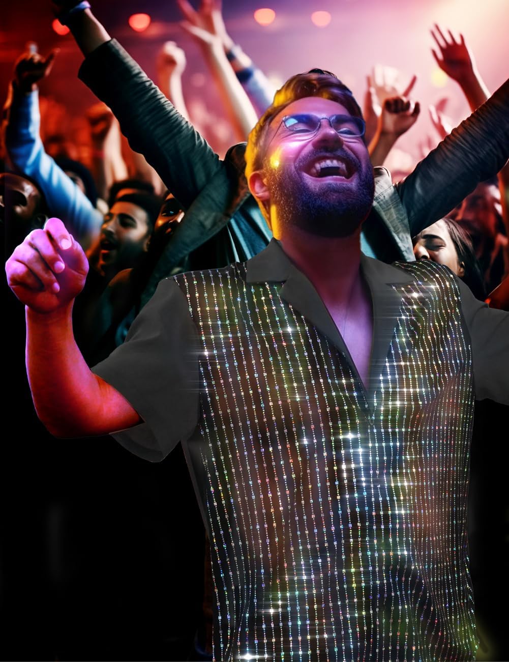 Mens Mesh Sequins See Through 70s Disco Long Sleeve Button Down Shirts - Image 3