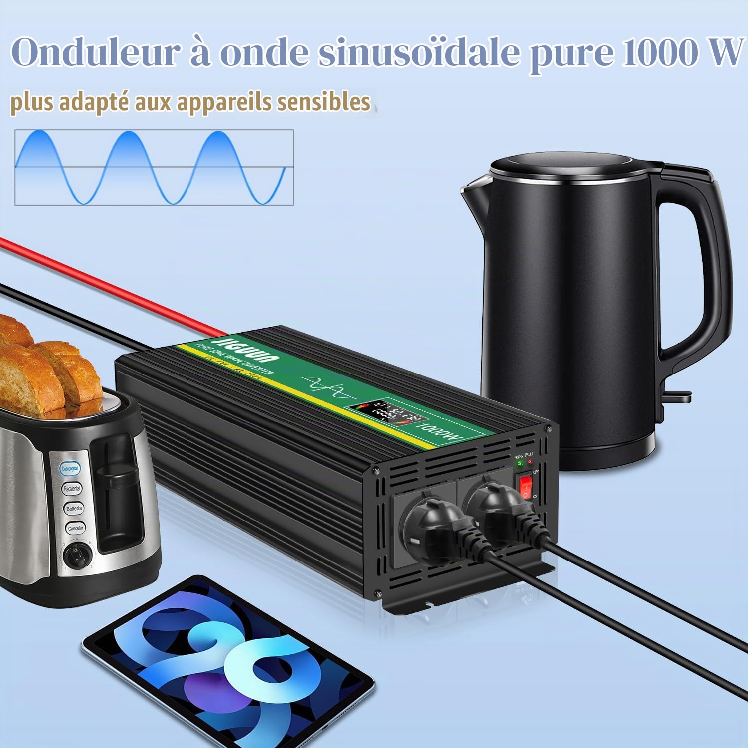 JIGUUN 1000W Convertisseur 12V 220V Pur Sinus Onduleur transformateur Puissance crête 2000W avec Télécommande sans Fil Écran LCD 2 Prises EU 1 Port USB pour Voiture Camping Voyage Urgence