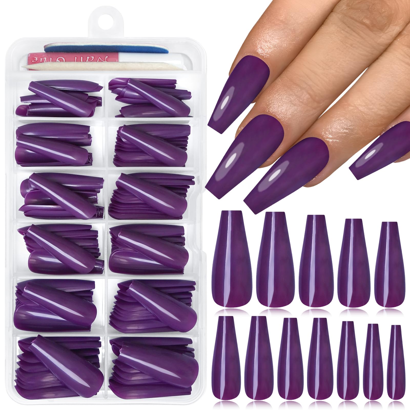 Lifextol 120PC Purple Coffin Press on Nails Long Fake Nails Press ons with Glue Nail Adhesive Tabs, 12 Sizes Long Acrylic Nails Press on Nails Coffin