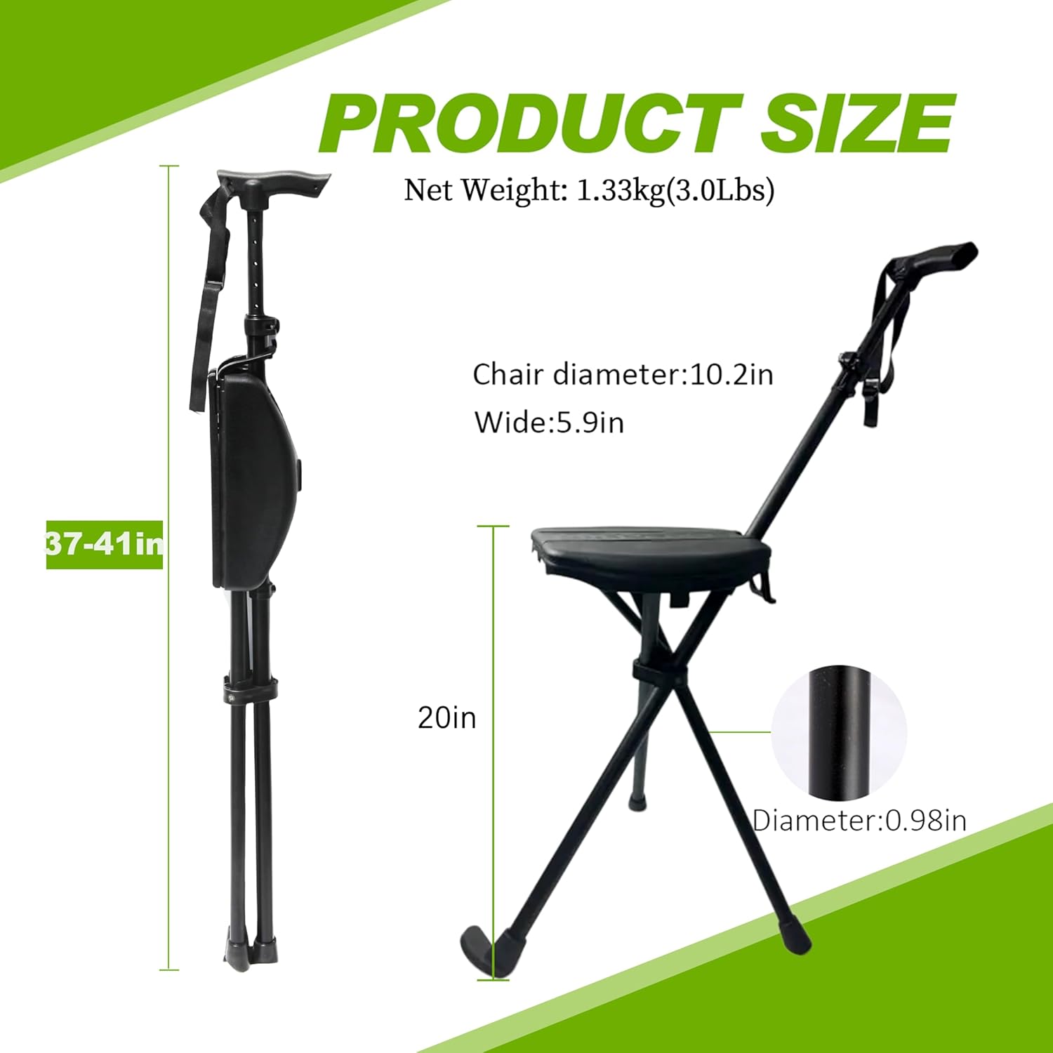 Portable Walking Stick with Cushion, Adjustable Height Cane with Seat, Portable Cane Stool, Lightweight Aluminum, Capacity 550 Lbs, for Camping, Hiking, Climb, Anti-Slip with Carry Bag
