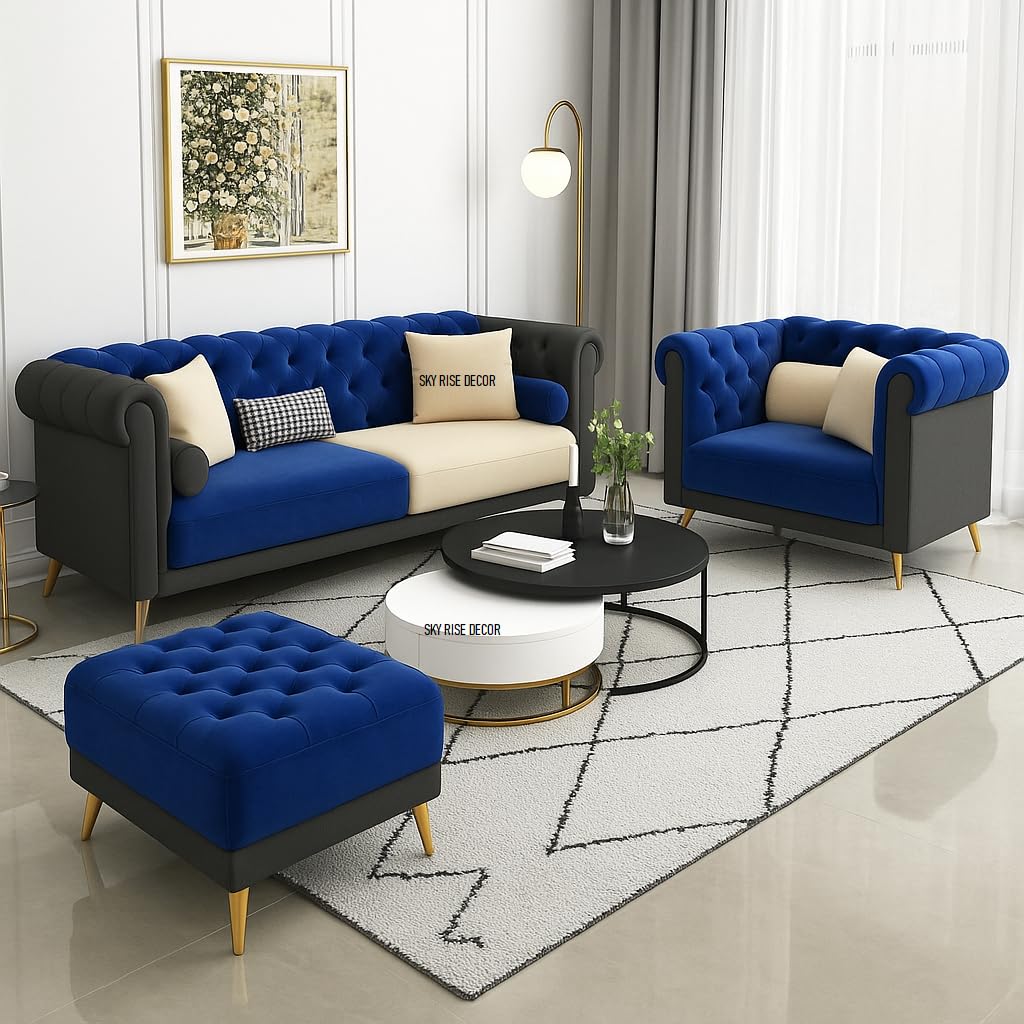 Modern Classic Sofa Couch Fabric & Valvet 3+1+1Footrest Tufted Chesterfield Sofa Living Room and Office (Grey & Blue)