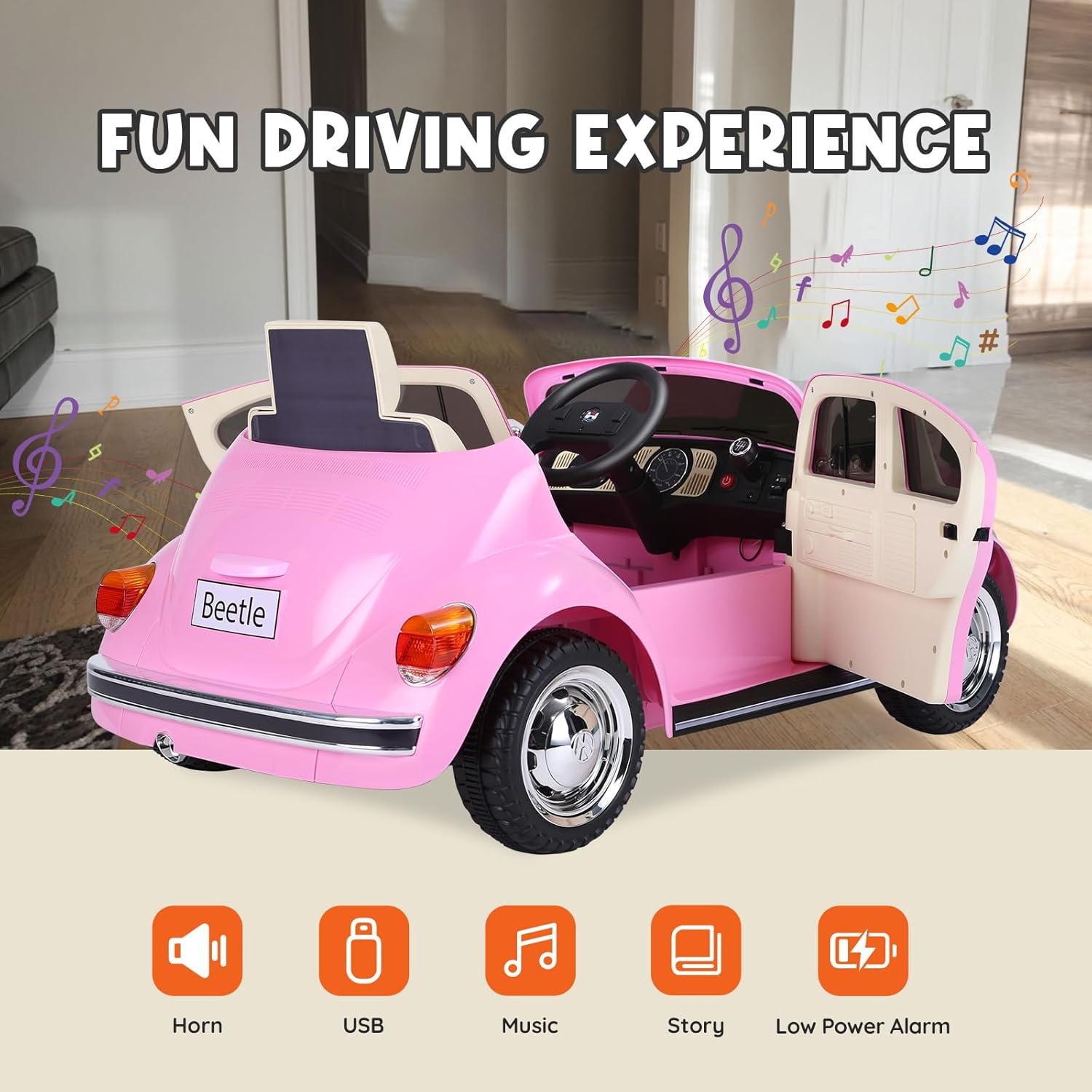 XCAR 12V Electric Car for Toddlers, Ride on Car with Remote Control, LED Light, 3 Speeds, Music, Bluetooth, Ages 3-5 Years Old, Pink