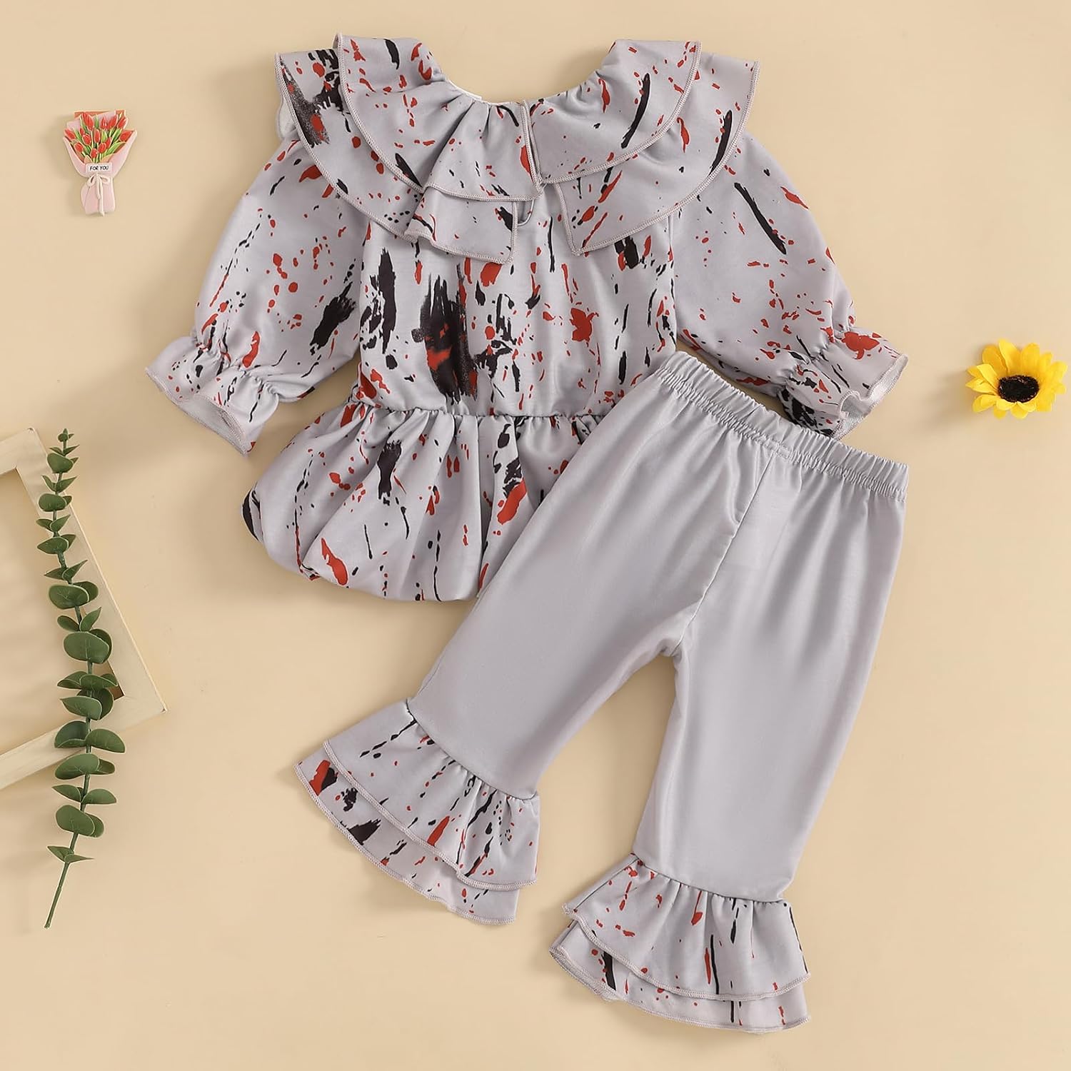Sujhwsx Baby Clown Costume Bloody Long Sleeve Ruffled T-shirt with Flare Pants Halloween Cosplay Outfit Fancy Dress