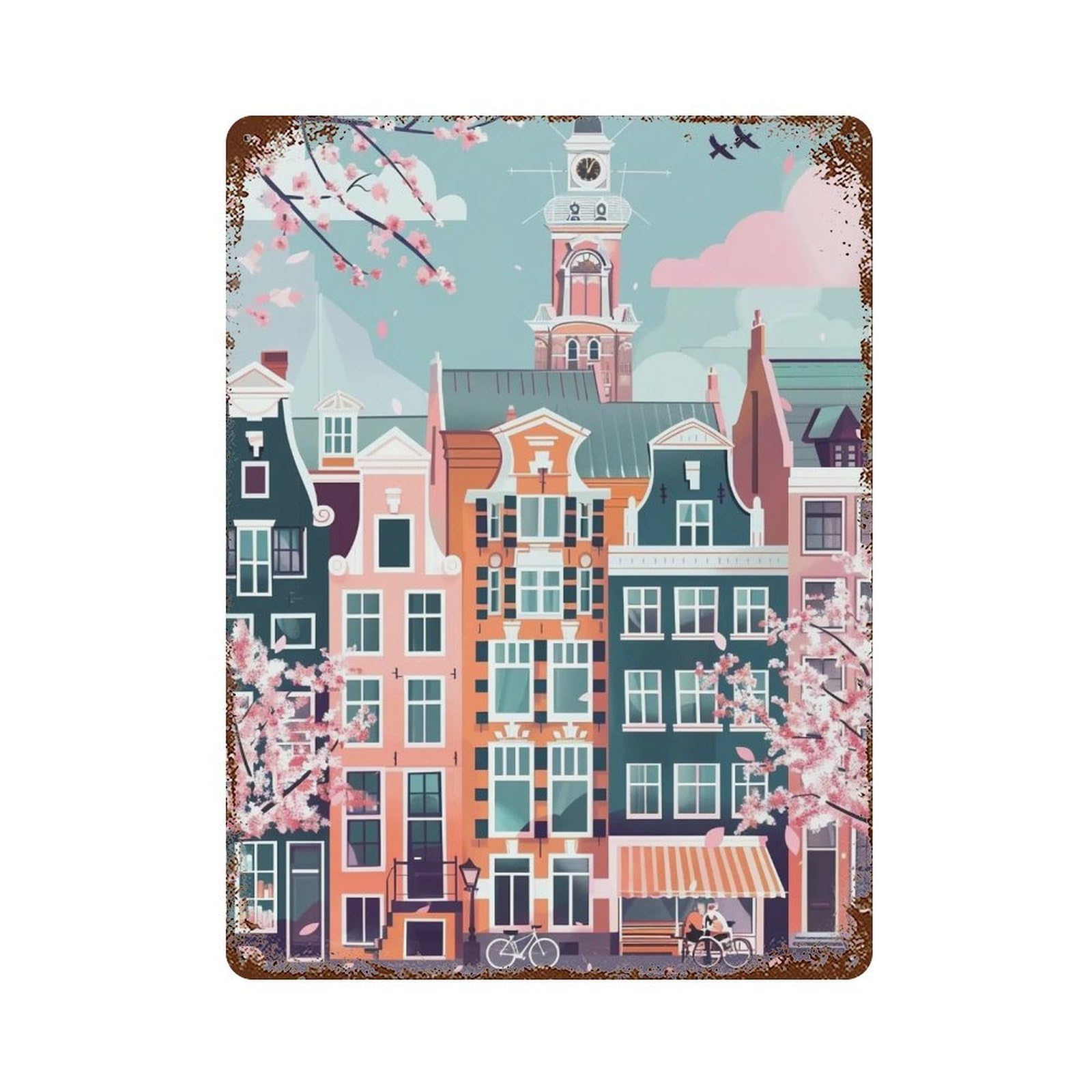 Clock Tower Spring Town 02 Wall Retro Iron Vintage Art Metal Tin Sign Poster Modern Home Coffee Club Art Bar Shop Decor Style 40x30cm