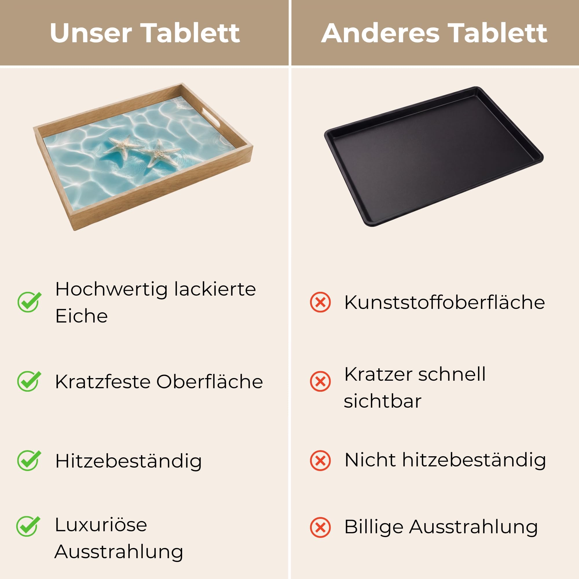 Serviertablett Rechteckig 50x35 cm Servierplatte Eiche Holz Tablett Mit Henkel Tray Kratzfest Kaffeetablett Tabletts Teetablett Seesterne - Gewelltes Wasser - Beruhigend