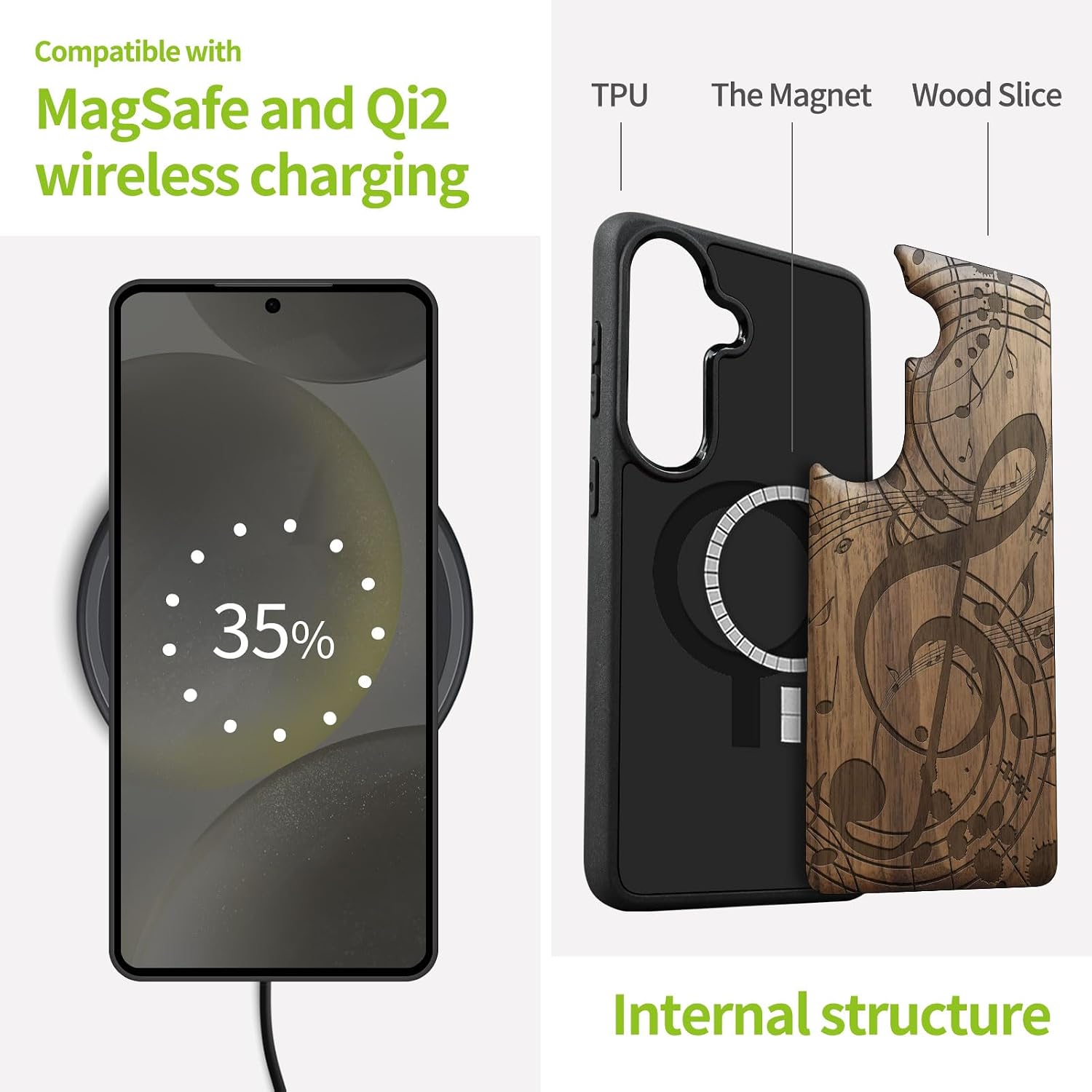 Carveit Magnetic Wooden Case for Samsung Galaxy S26 Case 2026, TPU Shockproof Cover & Wood Artisan Engraved, Compatible with MagSafe Wireless Chargers (Music Notes) Walnut