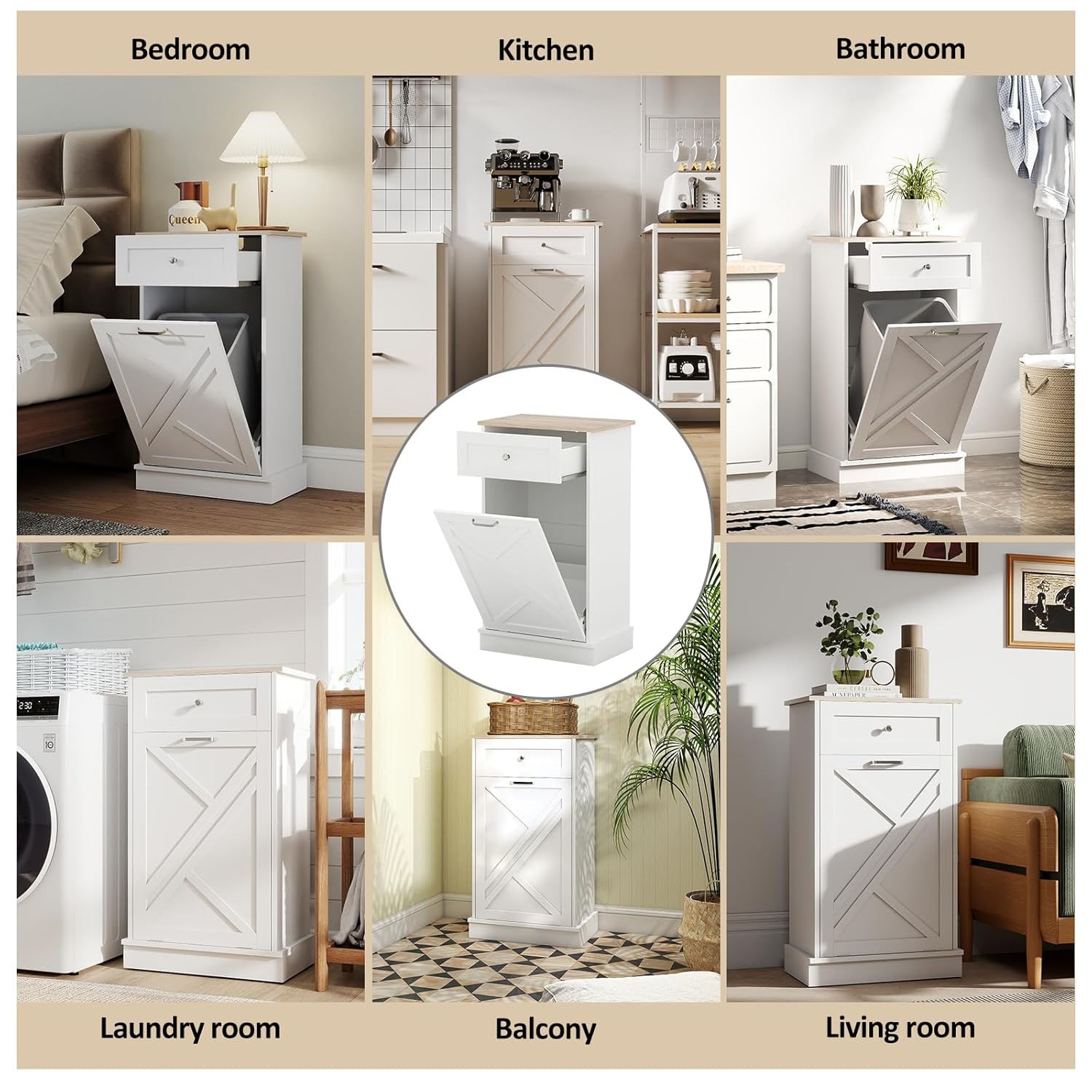 Tilt Out Trash Cabinet-Free Standing Kitchen Waste Bin-Wooden Recycling Trash Cabinet with Drawer-White