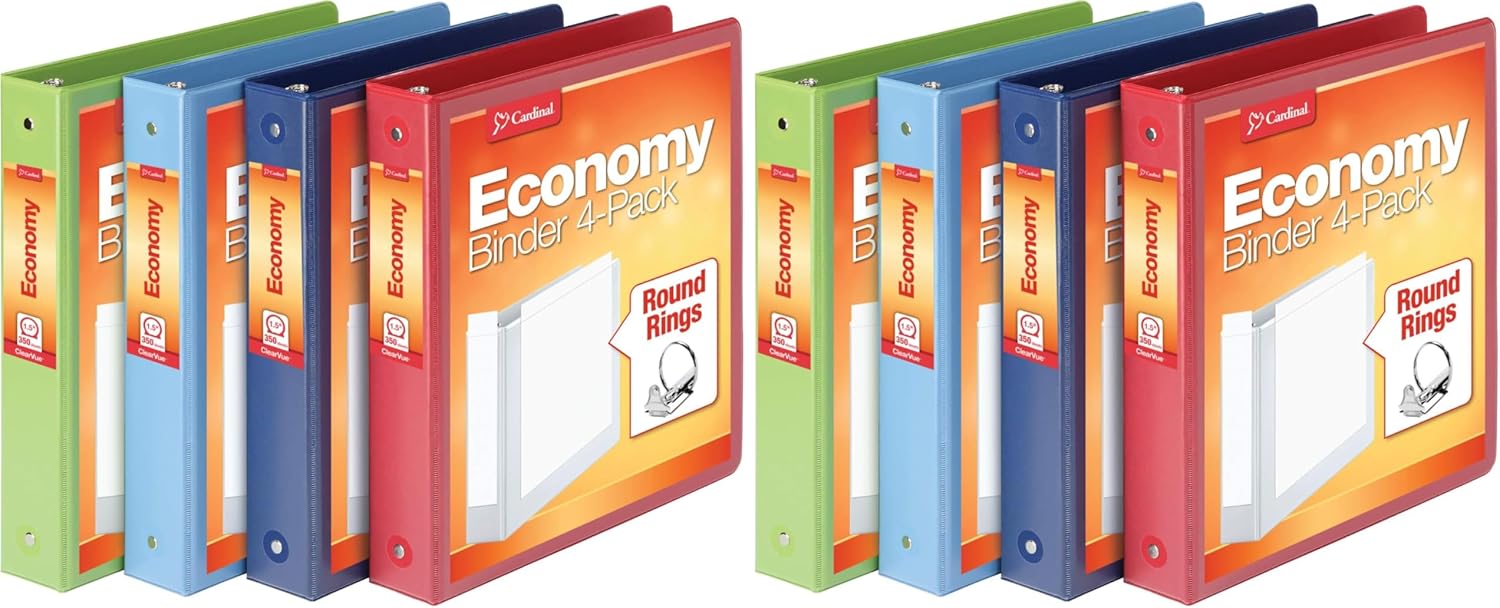 Cardinal 3 Ring Binders, Round Rings, Holds 350 Sheets, ClearVue Presentation View, Non-Stick, Assorted Colors (79550), 1.5 Inch, (Pack of 8)