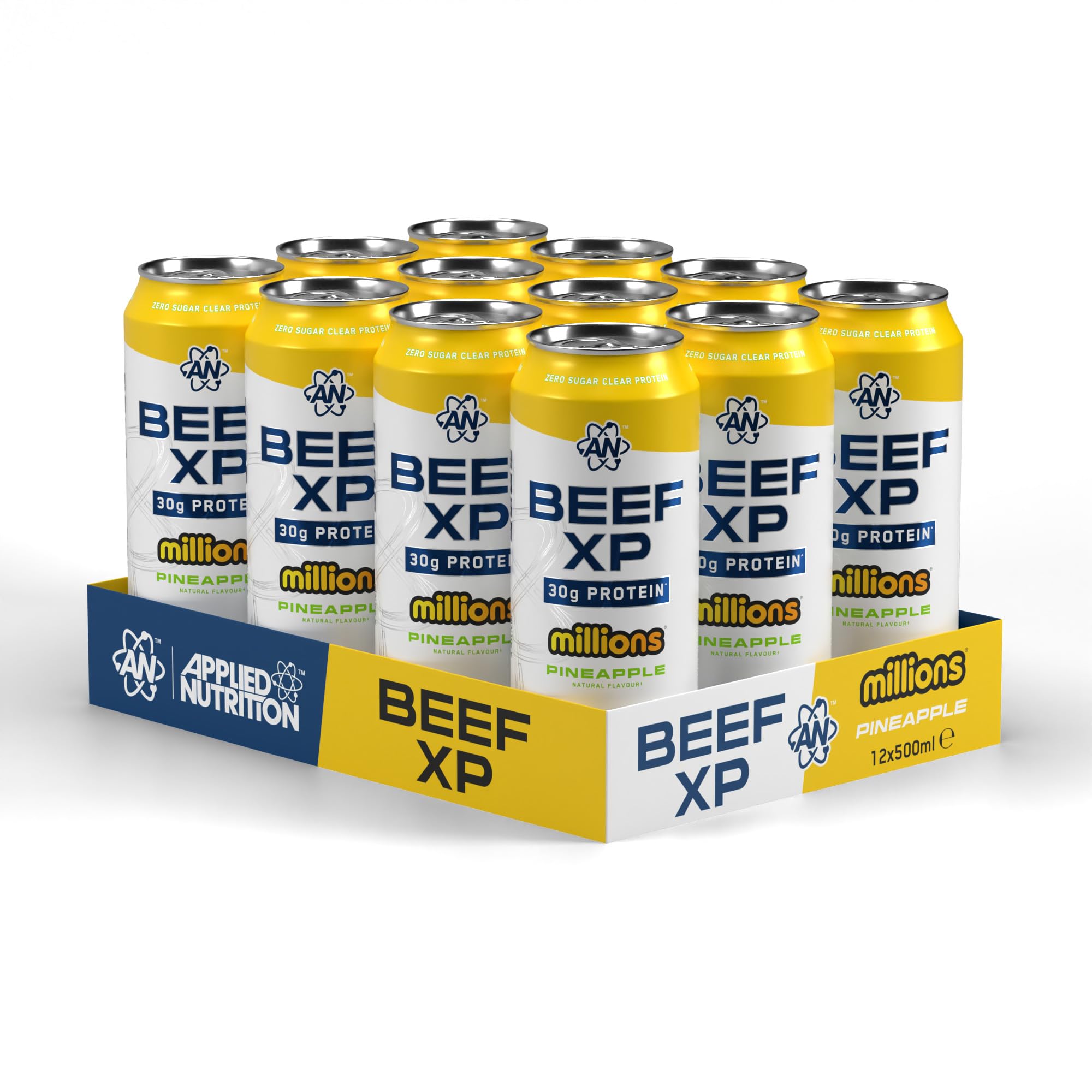 Applied Nutrition – Beef-XP Can Drink – 30g Clear Protein RTD – Best Zero-Sugar Protein – Best Carbonated Protein Drink – Muscle Recovery Boost – (Pack of 12 Cans x 500ml) (millions® Pineapple)