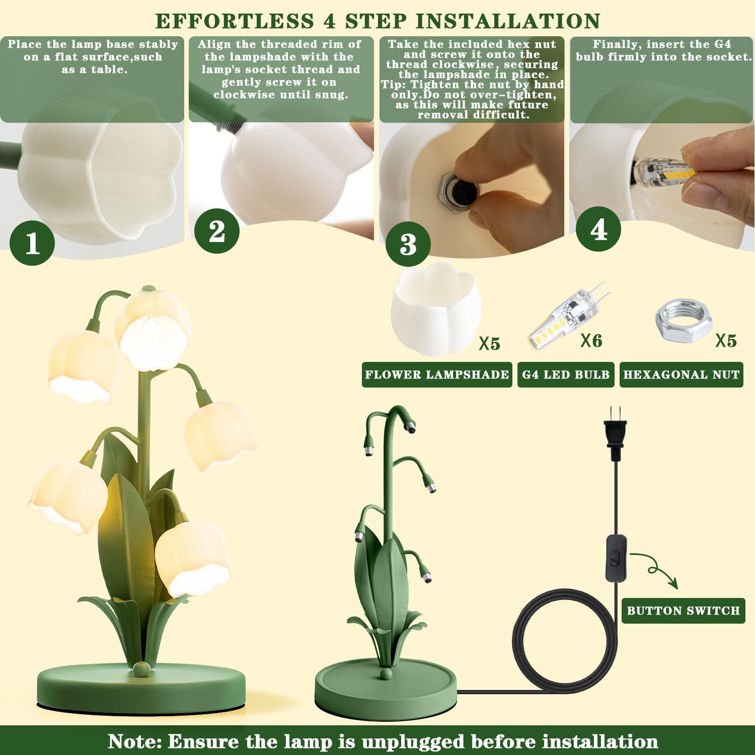 Lily of The Valley Lamp, Green Flower Lamp for Home, 3 Color Adjustable Cute Bedside Night Light for Bedroom Dorm Living Room Office Home Decor (Green)​​