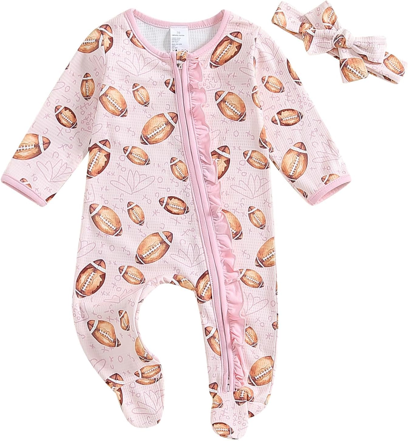 Newborn Baby Girl Football Romper Rugby Footie Long Sleeve Ruffle Zip Up Jumpsuit Onesie Headband 2Pcs Fall Clothes