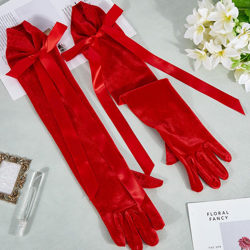 CABODYALS 1 Pair Dark Red Velvet Gloves Long Elbow Length Opera Formal Elegant Gloves 1920s Flapper Gatsby Costume Accessories with Bow Ribbon for Women Wedding Evening Party Dresses Cosplay Christmas - Image 3