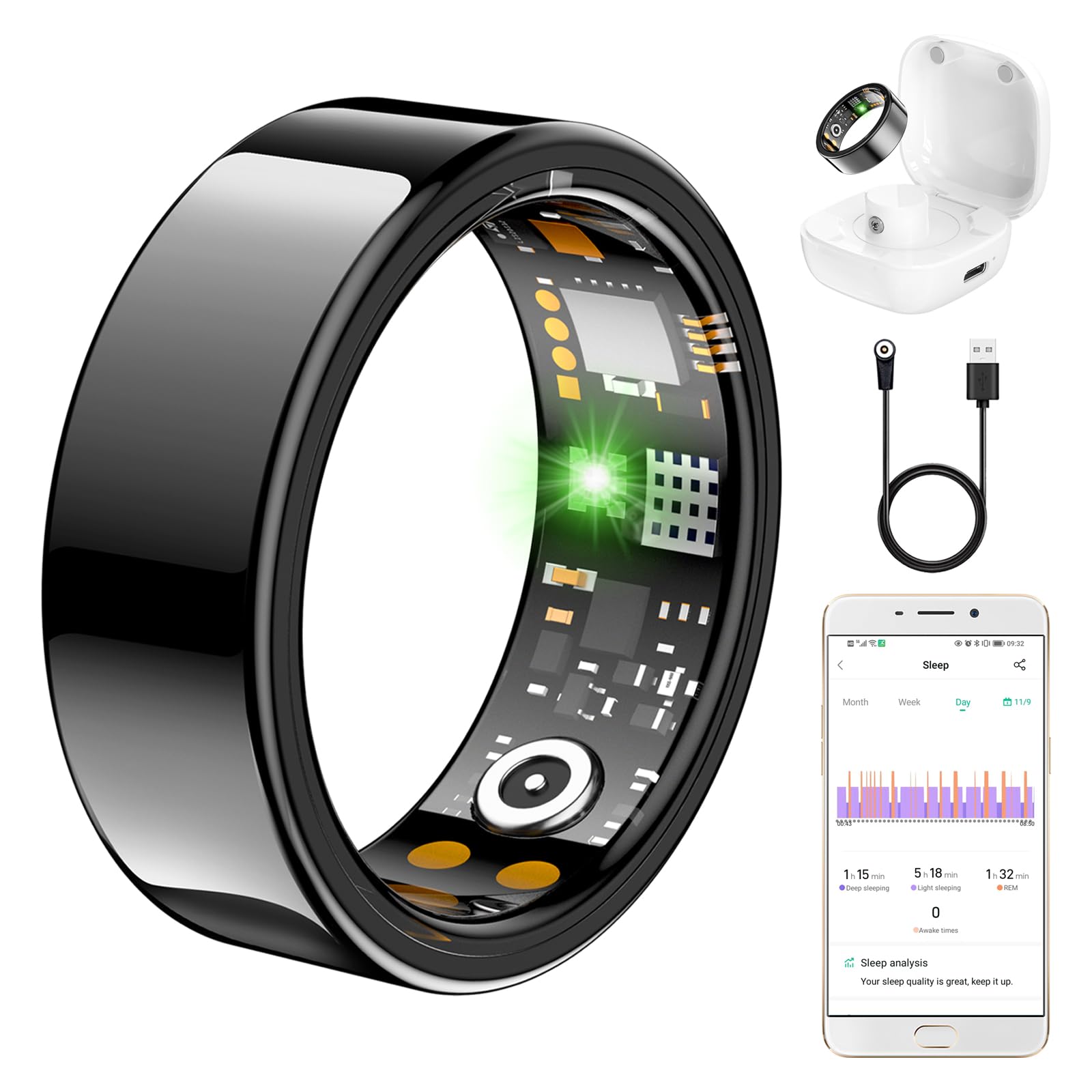 Ring Health Tracker for Women Men, Fit Ring with Heart Rate, Blood Oxygen, Sleep Monitor, Calories, Step Counter, IP68 Waterproof Smart Ring for iPhone &amp; Android, No Subscription Fee (Black, 6#)
