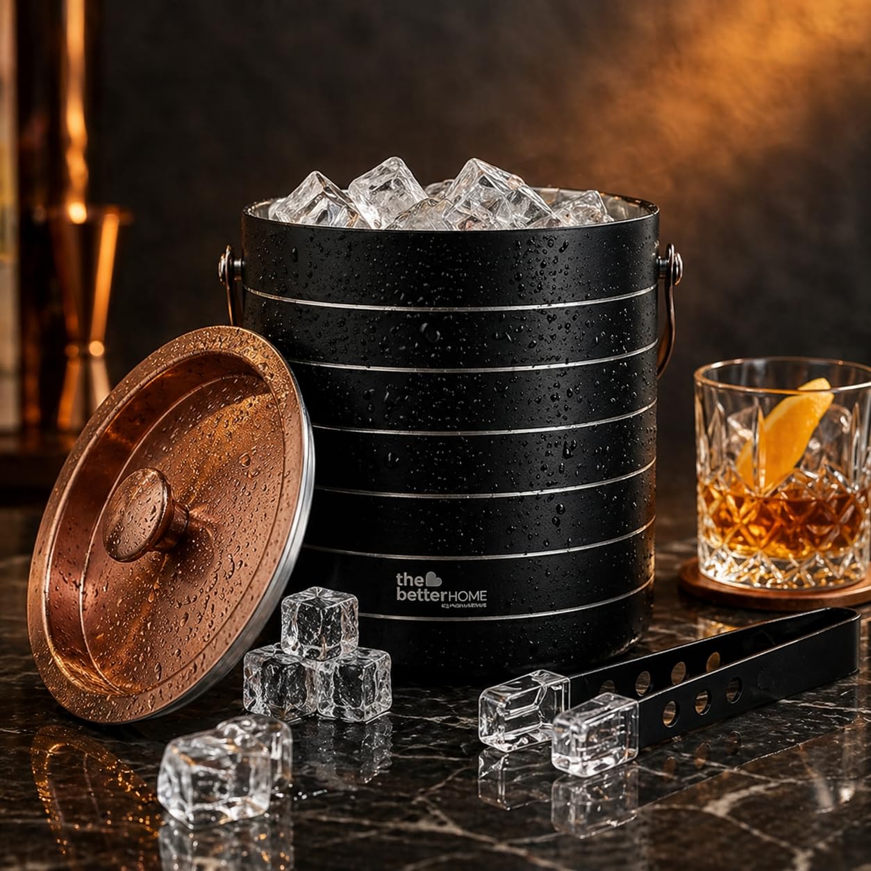 The Better Home Double Wall Stainless Steel Ice Bucket with Tong 1500ml | Insulated Bar Ice Bucket with Lid | Matte Black and Gold Ice Container for Home Bar Parties-image-36