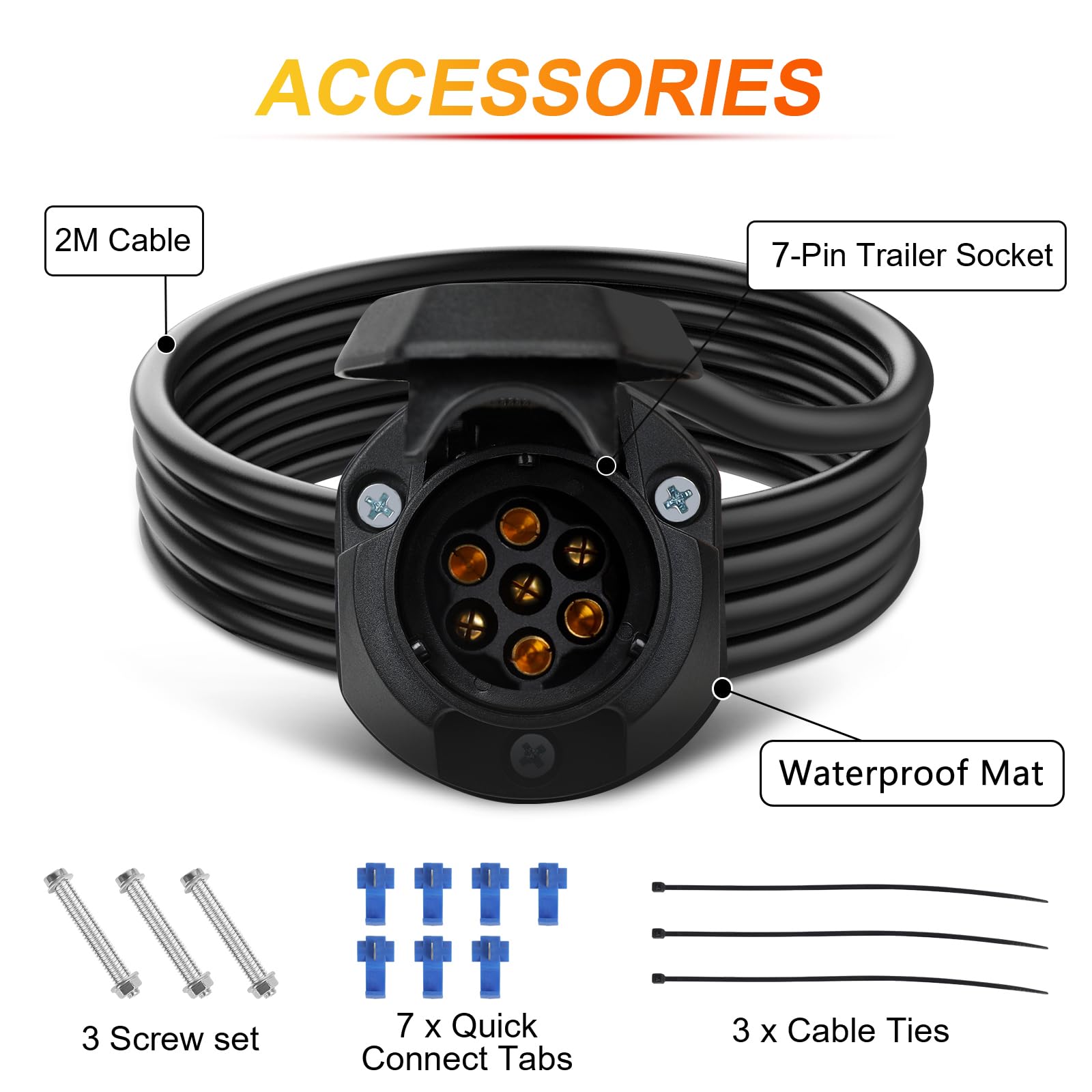 Prise Remorque 7 Broches Female avec Cable 2M Faisceau Précâblé 7 Fils x 1.5mm² pour Remorques de Voiture, Porte-vélos, Machines agricoles
