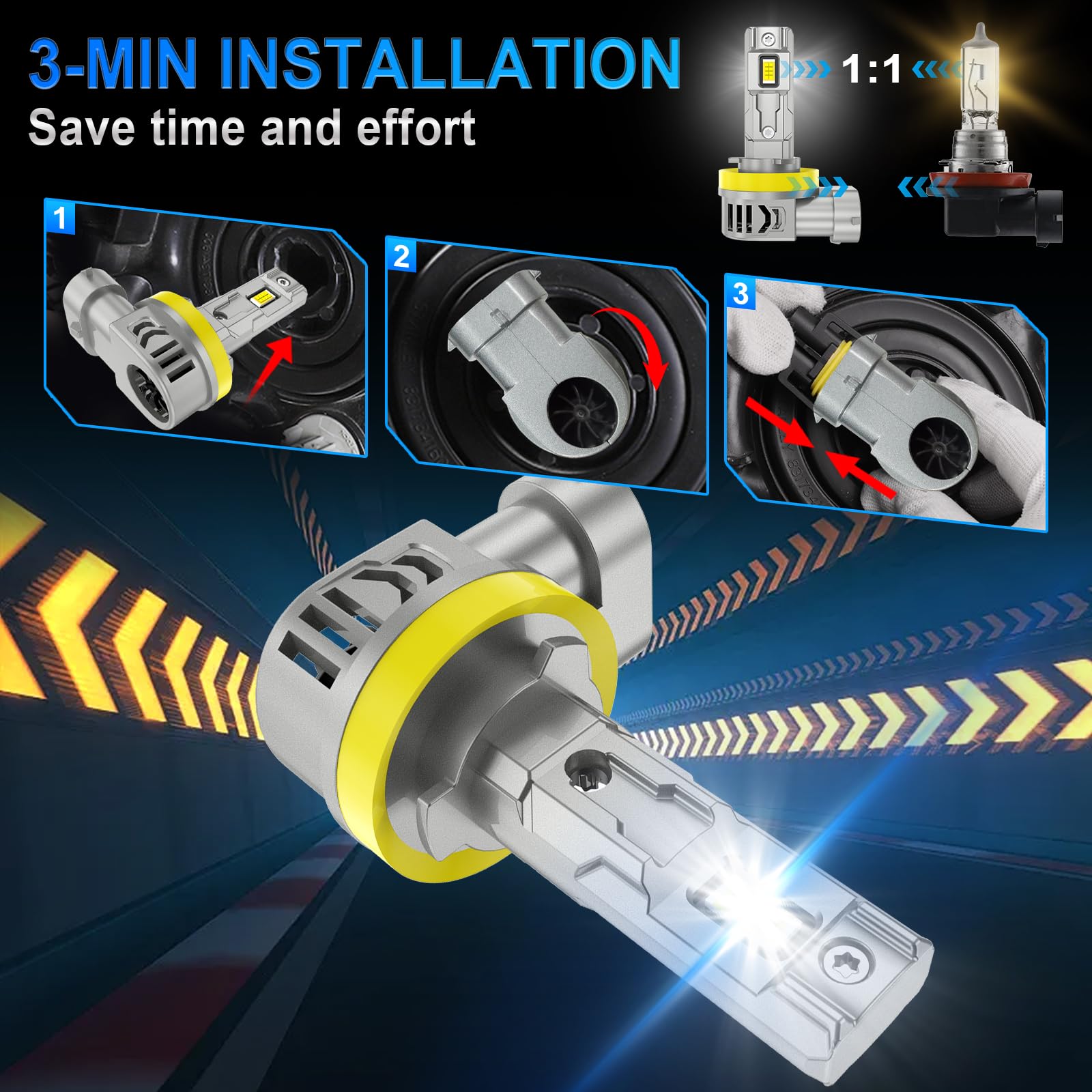 Teguangmei H11/H8/H9 LED-koplampen, 160 W, 30.000 lm, 600% helderheid, 6000 K, wit, Hi/Lo Beam lampen, vervanging voor auto- en motorkoplampenset en halogeenlampen, DC 12 V (2 lampen