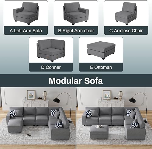 Miniatura 6 de Legend Vansen Sofá modular modular en forma de U con otomana, moderno sofá modular de esquina reversible para sala de estar (gris oscuro, sofá en