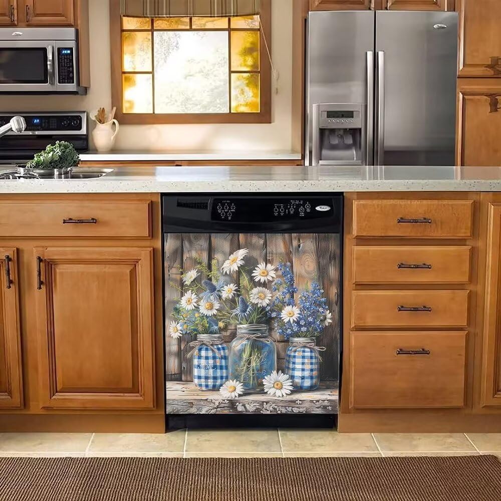 Dishwasher Magnet Cover Beautiful Floral, Retro Wooden Magnetic Dishwasher Door Cover Flower Magnetic Sticker Refrigerator Decorative Kitchen Appliances Magnet Cover 23Wx26H