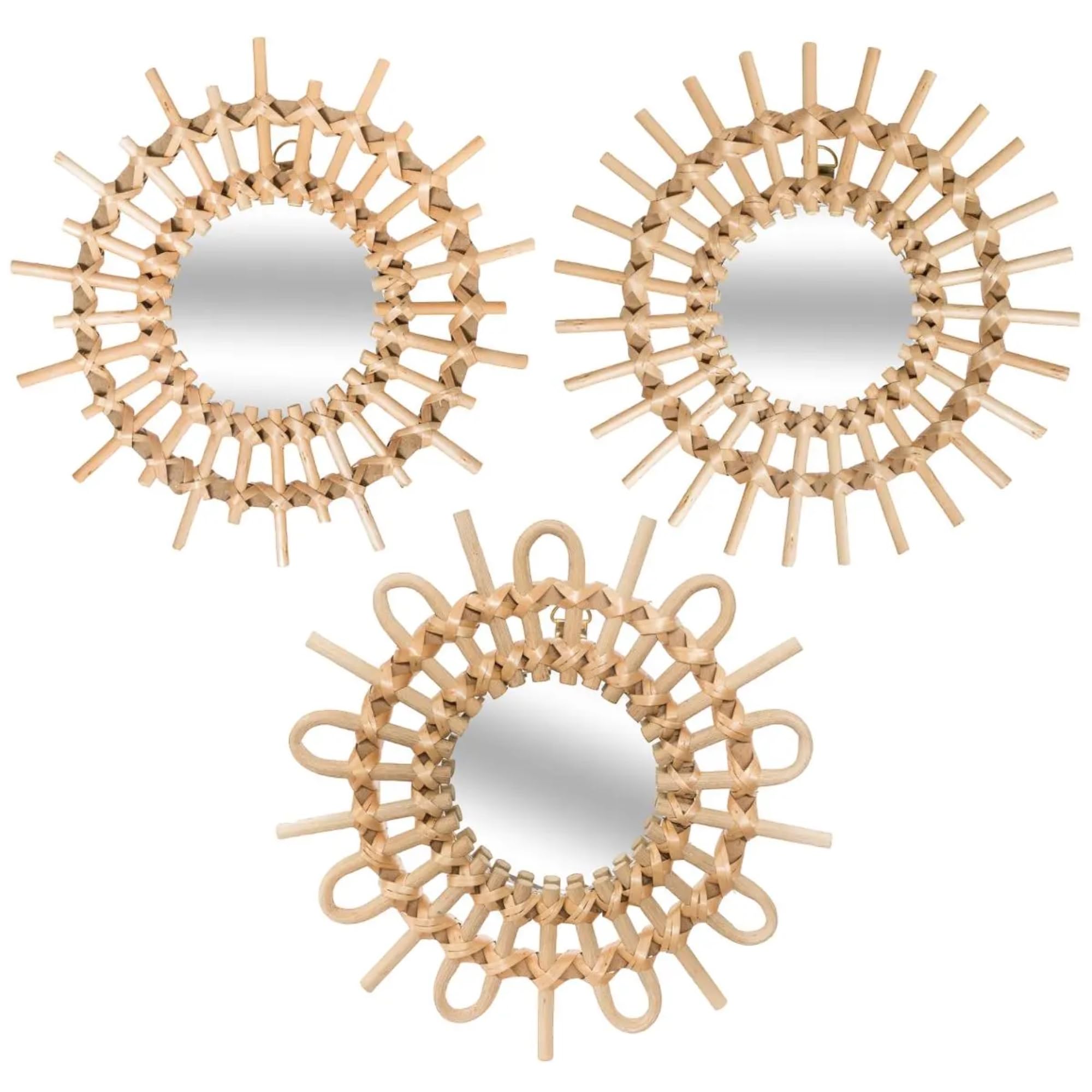 TIENDA EURASIA - Espejos Decorativos de Pared | Set de 3 Espejos de Ratan Decorativos | 3 Diseños en Forma de Sol Diferentes | Medida 28 x 28 x 2,2 cm | Ideal para Decoración de Interior