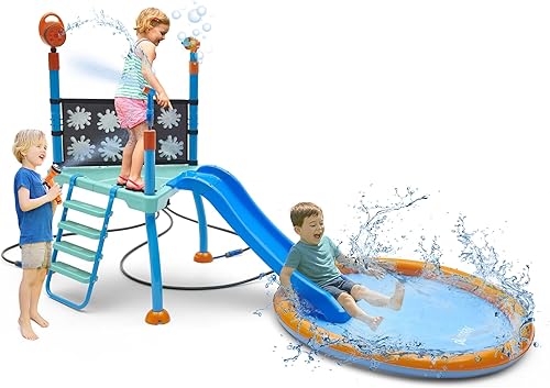 Plum Play Kids Splash Pad Station Equipo de juego de tobogán acuático - Juguetes de agua para niños al aire libre, piscina con aspersor para niños,