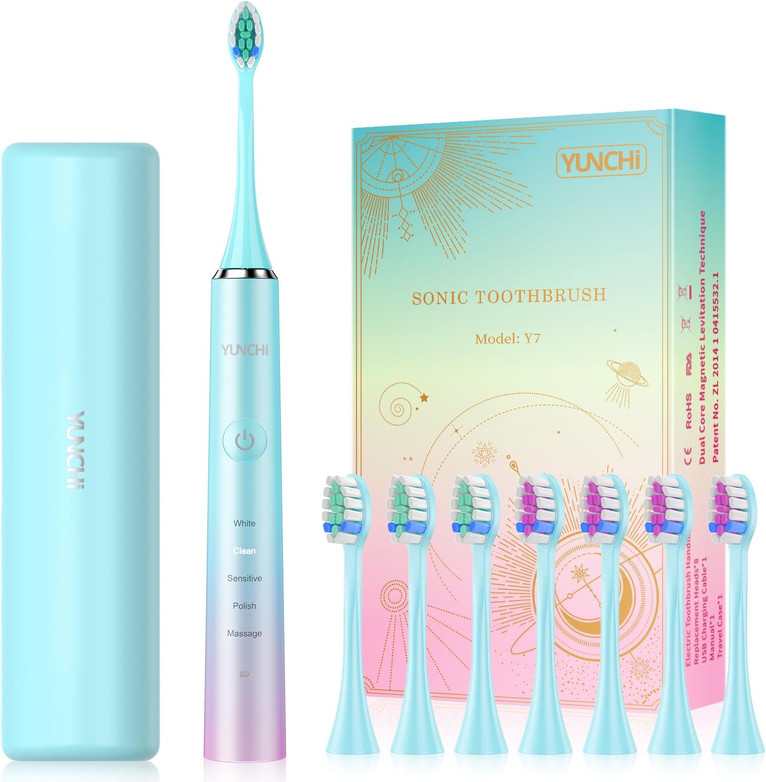 – Y7 Electric Toothbrushes for Adults, Rechargeable Sonic Toothbrush with 8 Brush Heads and Travel Case, Blue