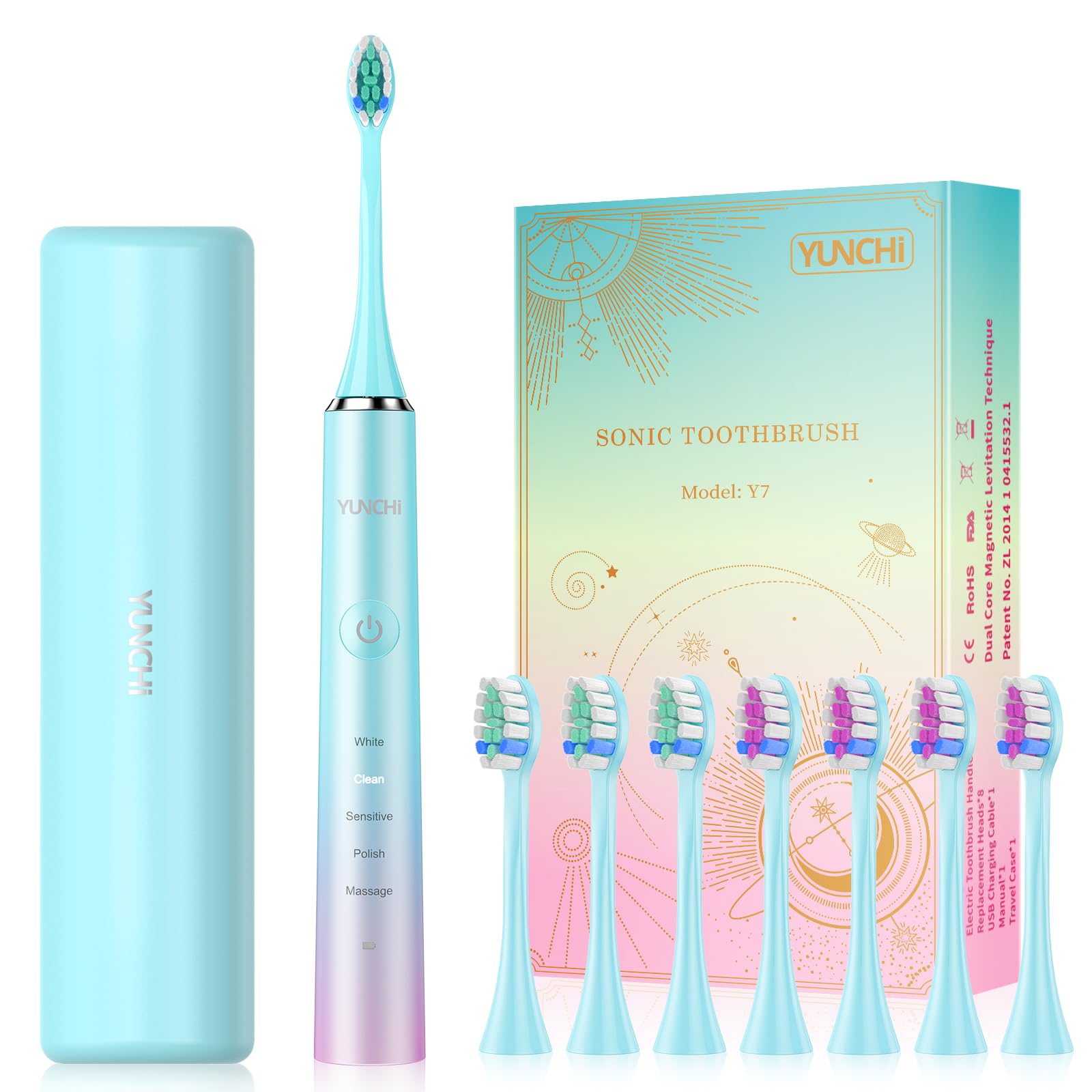 Y7 Electric Toothbrushes for Adults, Rechargeable Sonic Toothbrush with 8 Brush Heads and Travel Case, Blue