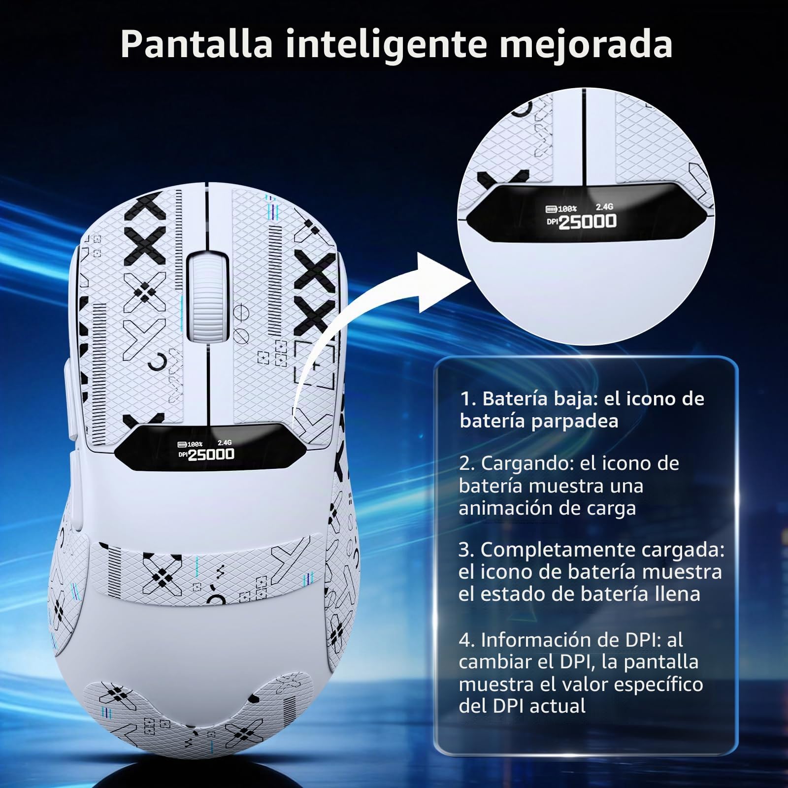 A.JAZZ x Magic-Refiner R1 Ratón Gaming con Base de Carga magnética, Sensor PixArt PAW3311, BT/2,4G Inalámbrico/Cableado con Pantalla, ratón 25000 dpi para Oficina y Jugadores,Blanco
