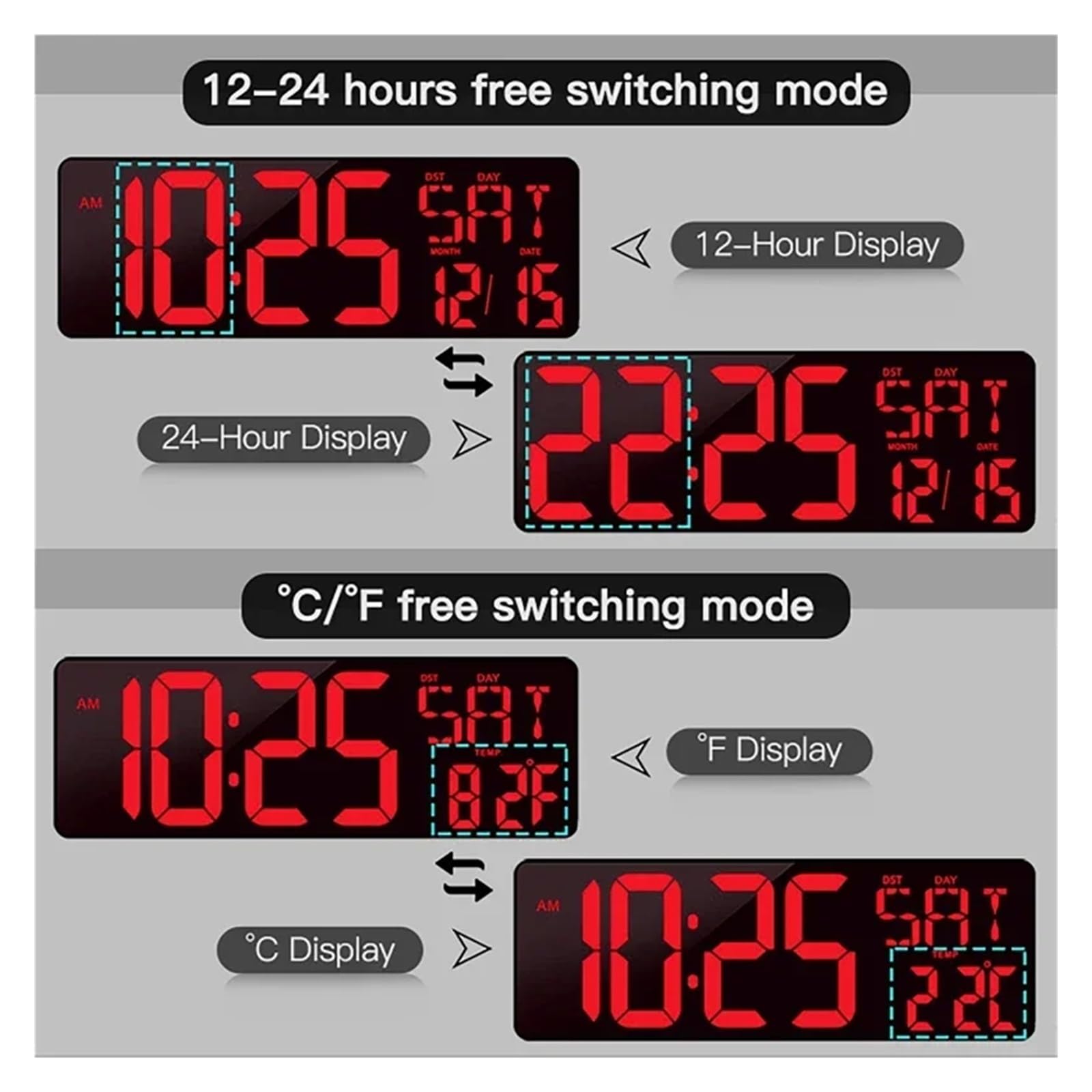 42 cm duży ekran LED cyfrowy zegar z wiecznym kalendarzem, jaość regulowana temperatura wyświetlacz daty tydzień budzik z RE(Red Black)