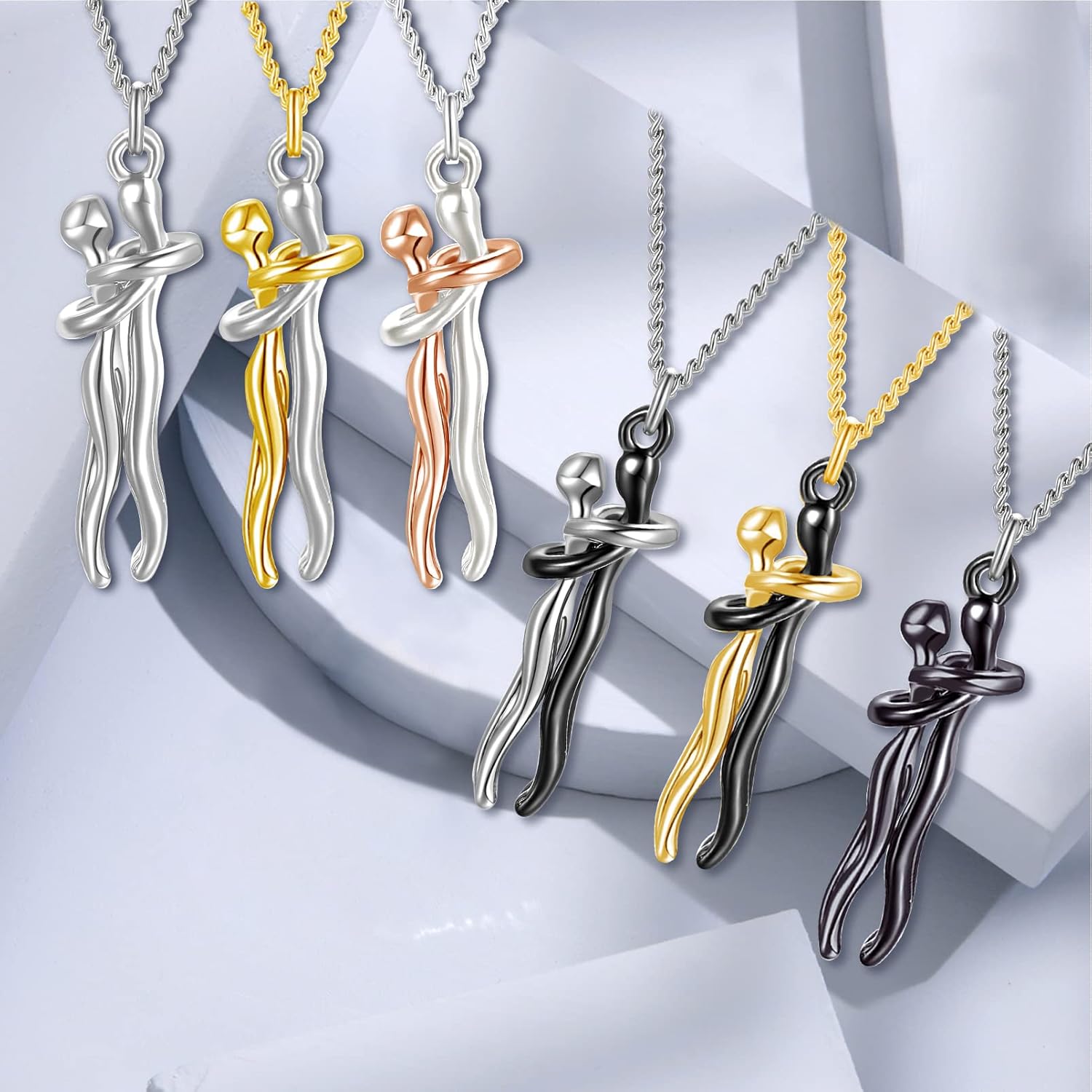 Personalized Hug Necklace Custome Couples Necklace for Him and Her Affectionate Hug Pendant for Women Men Lovers Pendant for Anniversary Valentines Day Birthday Gifts (Rose gold-Silver)