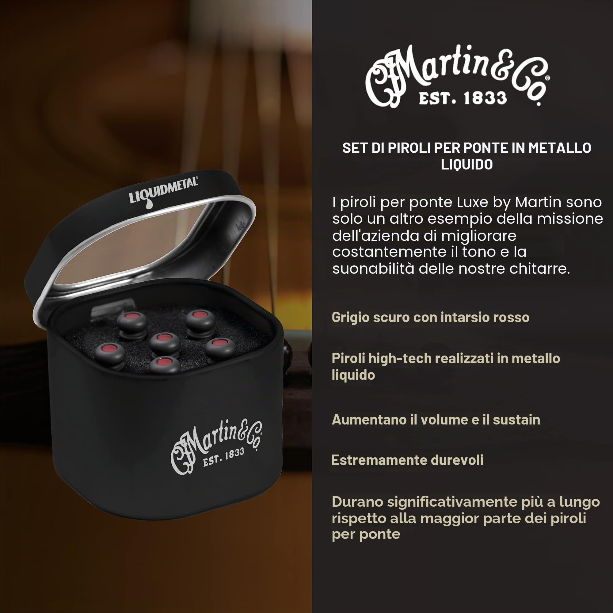 LUXE BY MARTIN Pins per Ponte Chitarra Acustica – Emery Turco con Intarsio Rosso | Costruzione in Liquidmetal per Maggiore Volume e Sustain | Set da 6