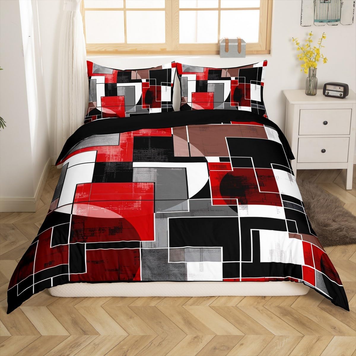 jejeloiu Boys Girls Red Black Comforter Cover Toddler Size, Grey Plaid Bedding Set Modern Art Duvet Cover Kids Teens Bedroom Decor Bed Set with 1 Pillow Case (No Comforter)