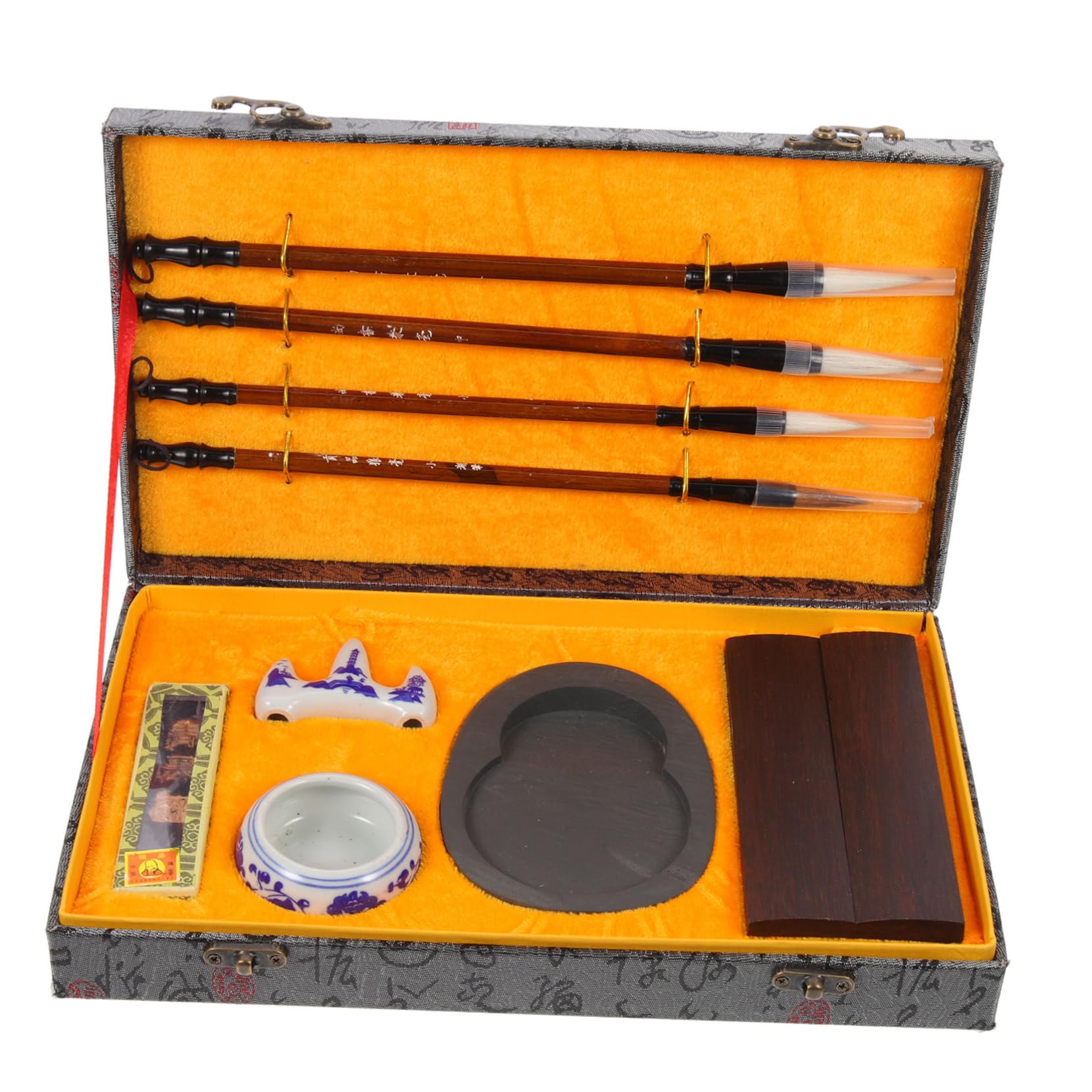 jojofuny Set de Pinceaux D'écriture Chinois pour Calligraphie Pierre à Encre et Bâton D'encre, Bois Portable, Résistant la Déformation, pour Étudiants en Pratique Artistique