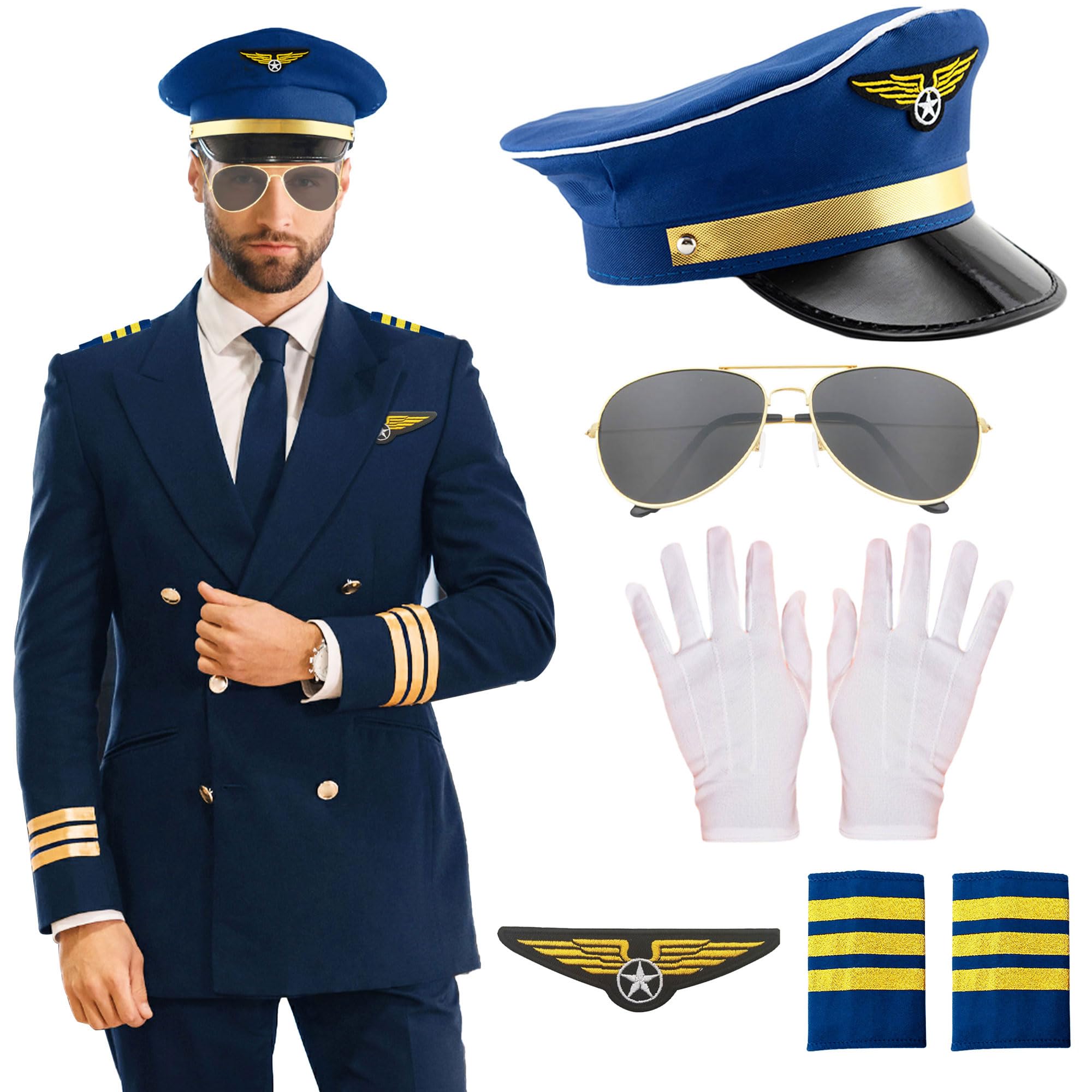 LaVenty Blue Airplane Captain Costume Airline Pilot Hat Accessories for Adults Teens Captain Party Cosplay Supplies Sunglasses