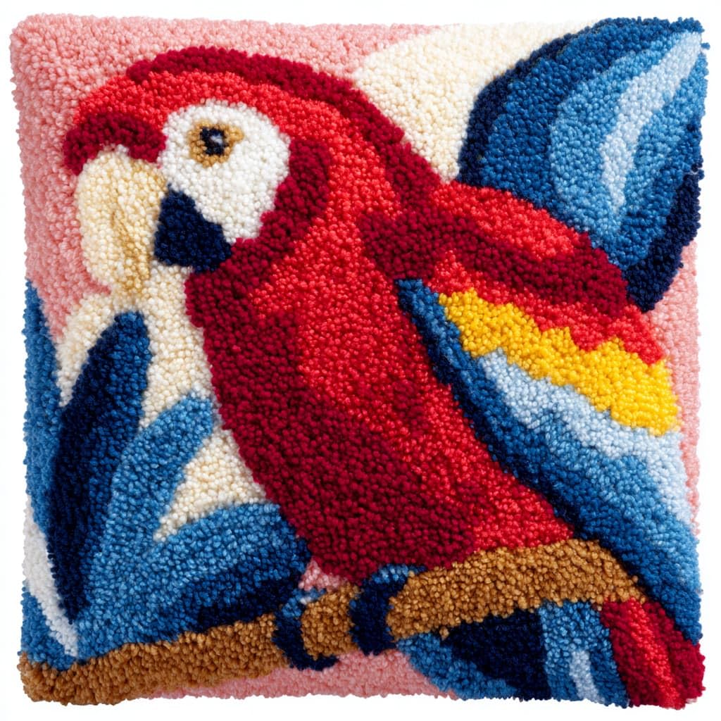 Taxpy Latch Hook Kits, Parrot on a Branch Pillow Cover DIY Crochet Hook Cushion Rug Making Kits with Printed Pattern Canvas Needlework Hooking Adorment 43x43cm