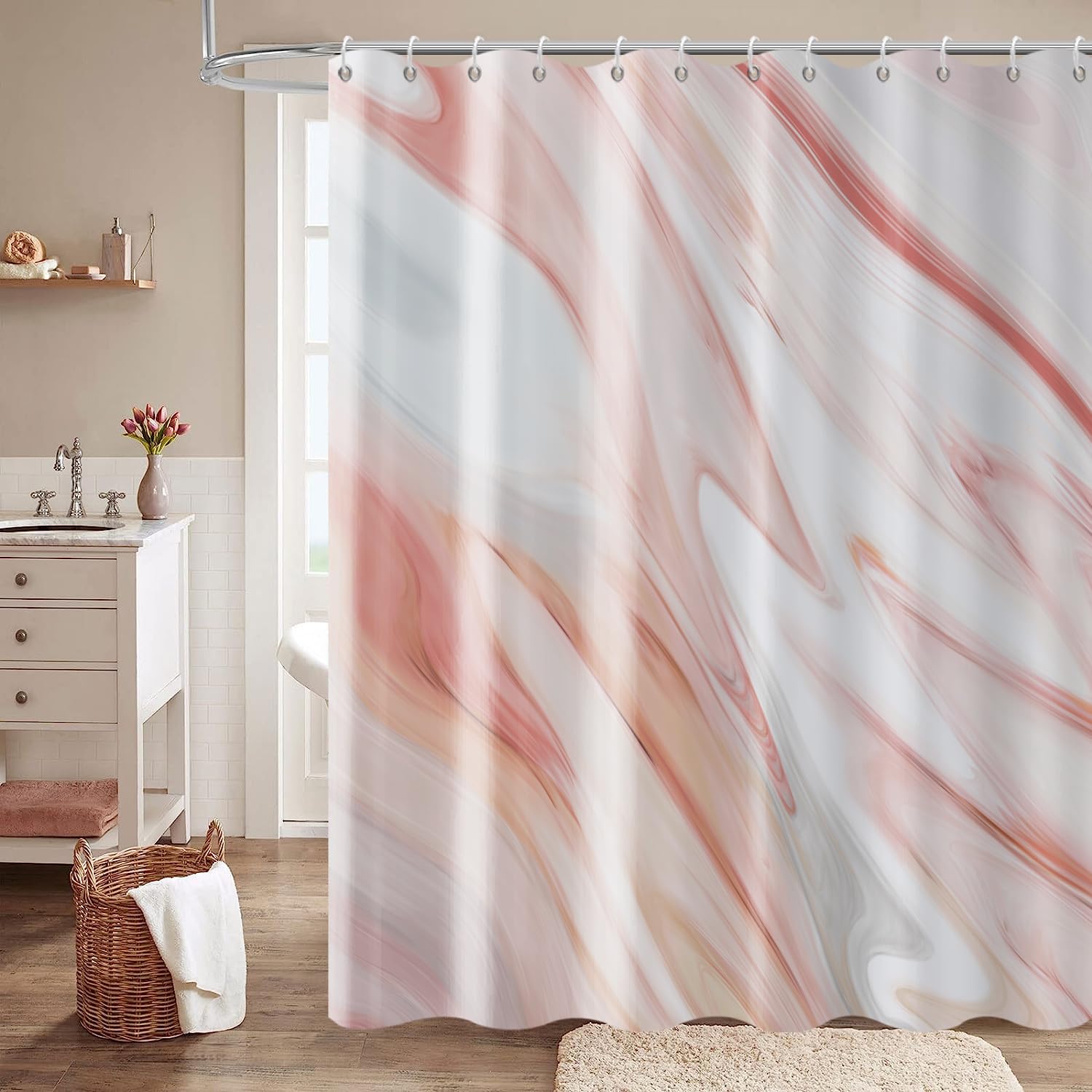 GCIREC Pink Marble Shower Curtain, Peach Pink Modern Abstract Wave Luxury Bathroom Curtain Bathtub Home Decor Waterproof Fabric Machine Washable with 8 PCS Hooks,120x180cm