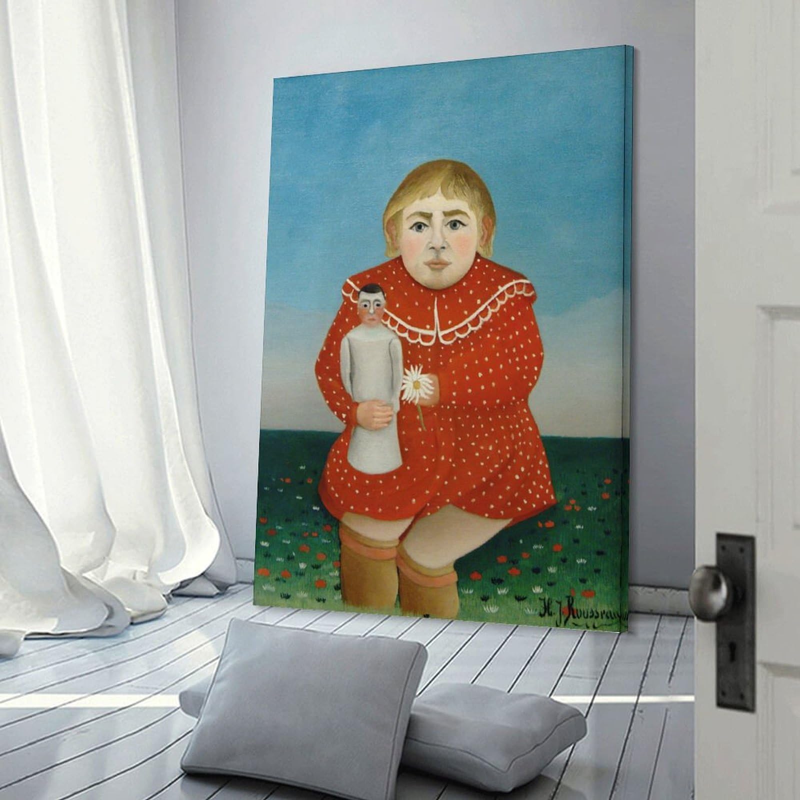 油彩画　フランスドール(人形） 少女 絵画 多色使い　重厚額装 Amazon.co.jp: Henri Rousseauアンリ・ルソー『人形を持つ少女