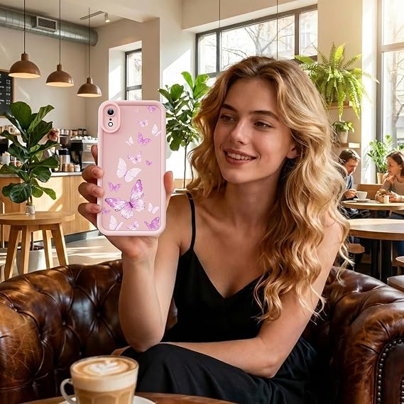 iPhone XRケース、クリエイティブな花柄デザイン女の子女性液体シリコンカバー、厚いフレーム耐衝撃性と耐傷性ソフトケースiPhone XR用-バタフライピンク
