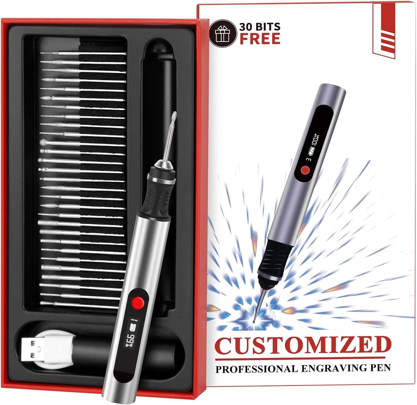 Gravion Pen, Stylo Graveur, Stylo Graveur Electrique, Machine de Gravure Rotative Portable, avec 30 Têtes Broyage Remplaçables, pour Joaillerie, Bois, Verre, Pierre, Gravure 60+ Surfaces (Argent)