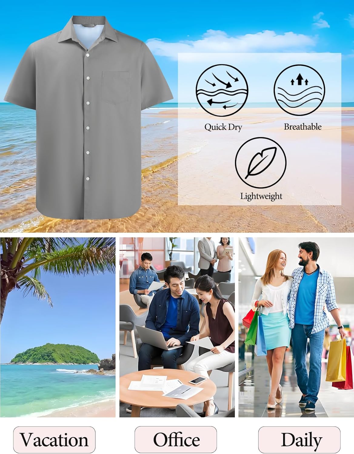 GSOU SNOW Mens Button Down Short Sleeve Shirt Quick Dry Men‘s Dress Shirts Casual Summer Beach with Pocket Grey - Image 5
