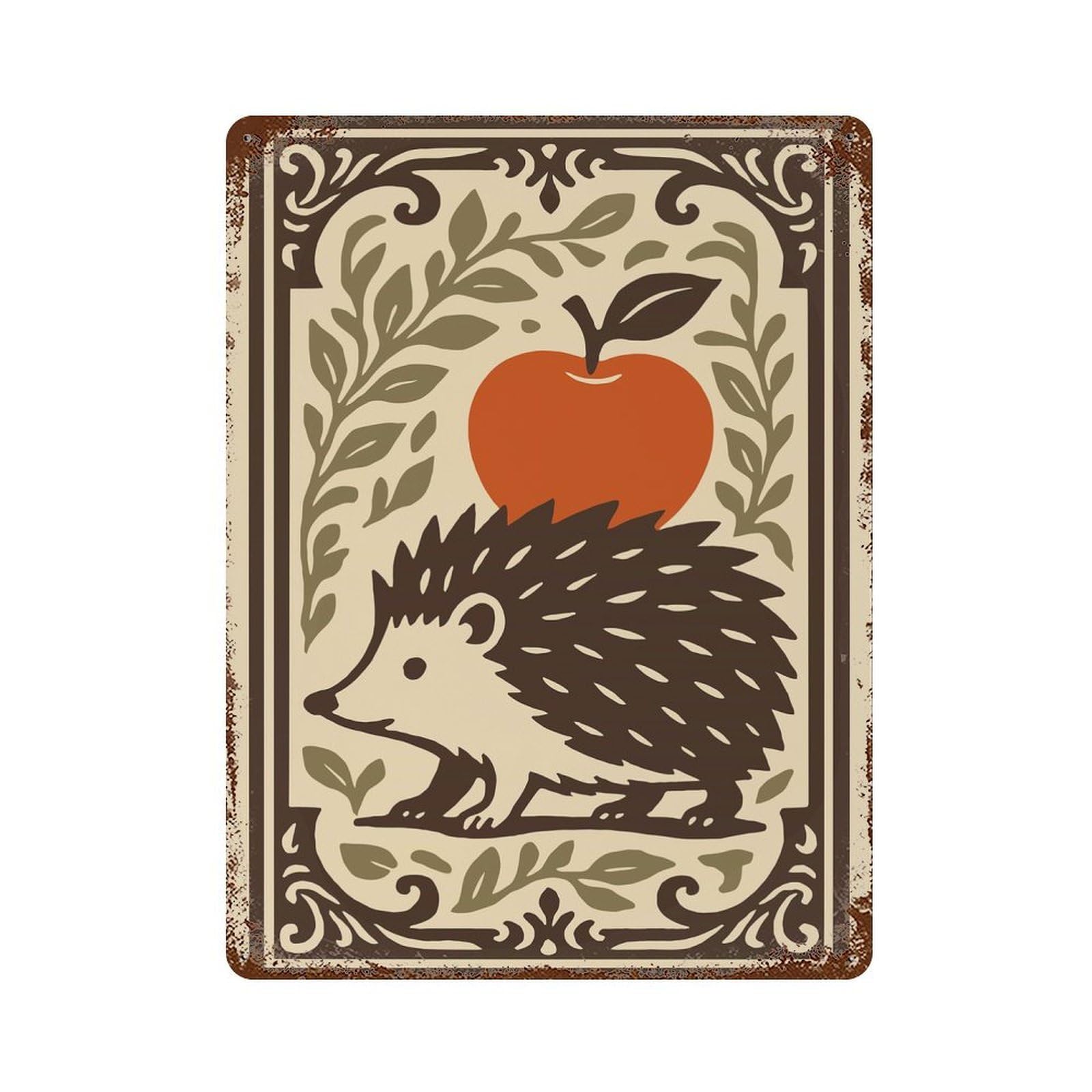 Hedgehog And Apple Illustration Vintage Metal Tin Sign 15.7"x11.8", Farmhouse Wall Decor for Garage, Bar And Workshop Decor