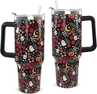 Halloween Tumbler with Handle 40oz Fall Cute Ghost Skull Flowers Coffee Travel Mug Stainless Steel Insulated Cups Halloween Fall Aesthetics Decor Gifts