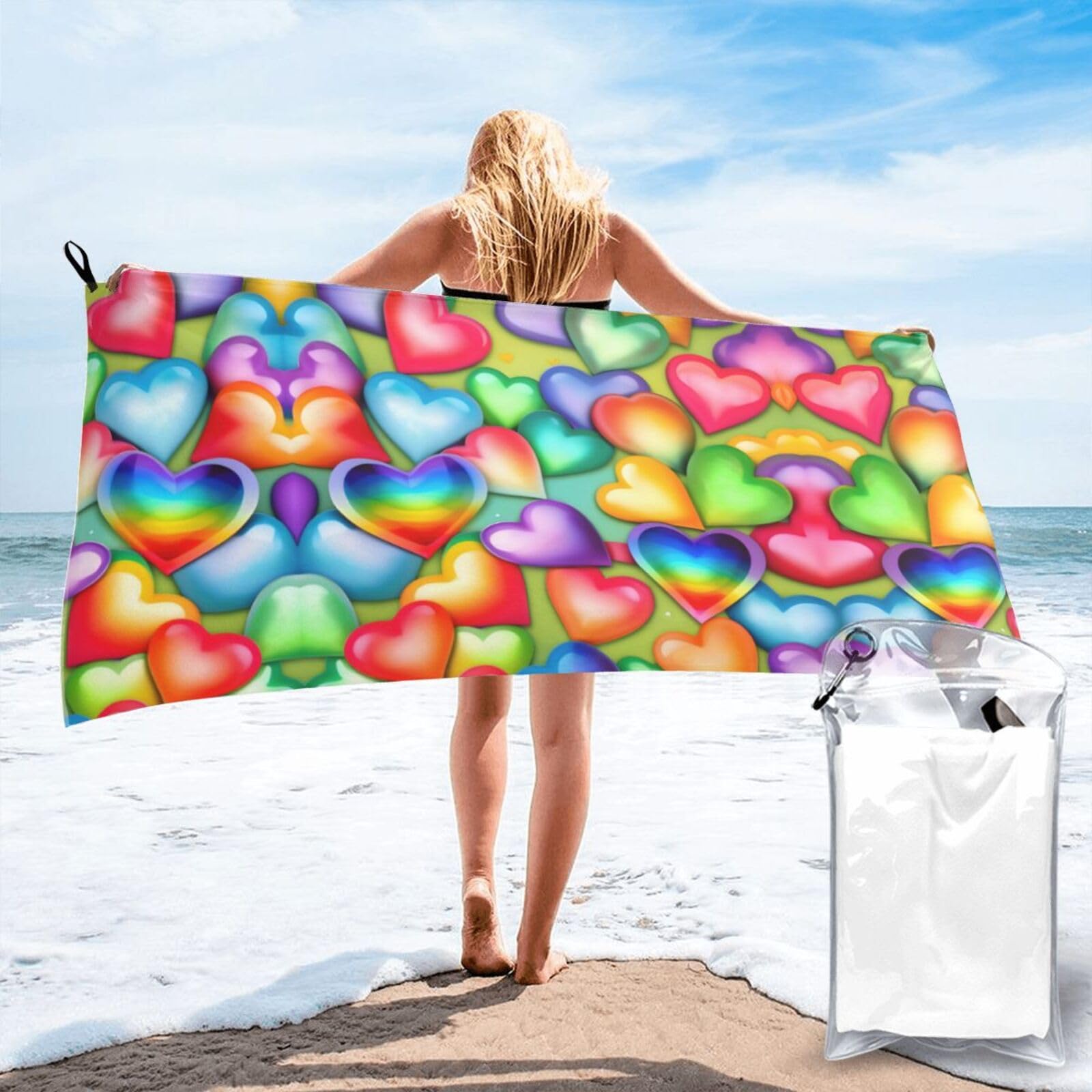 WYCZHY Rainbow Hearts Print Beach Towel Soft Quick Dry For Spa Pool Gym Vacation Travelers Women Men Adults Sauna Gift