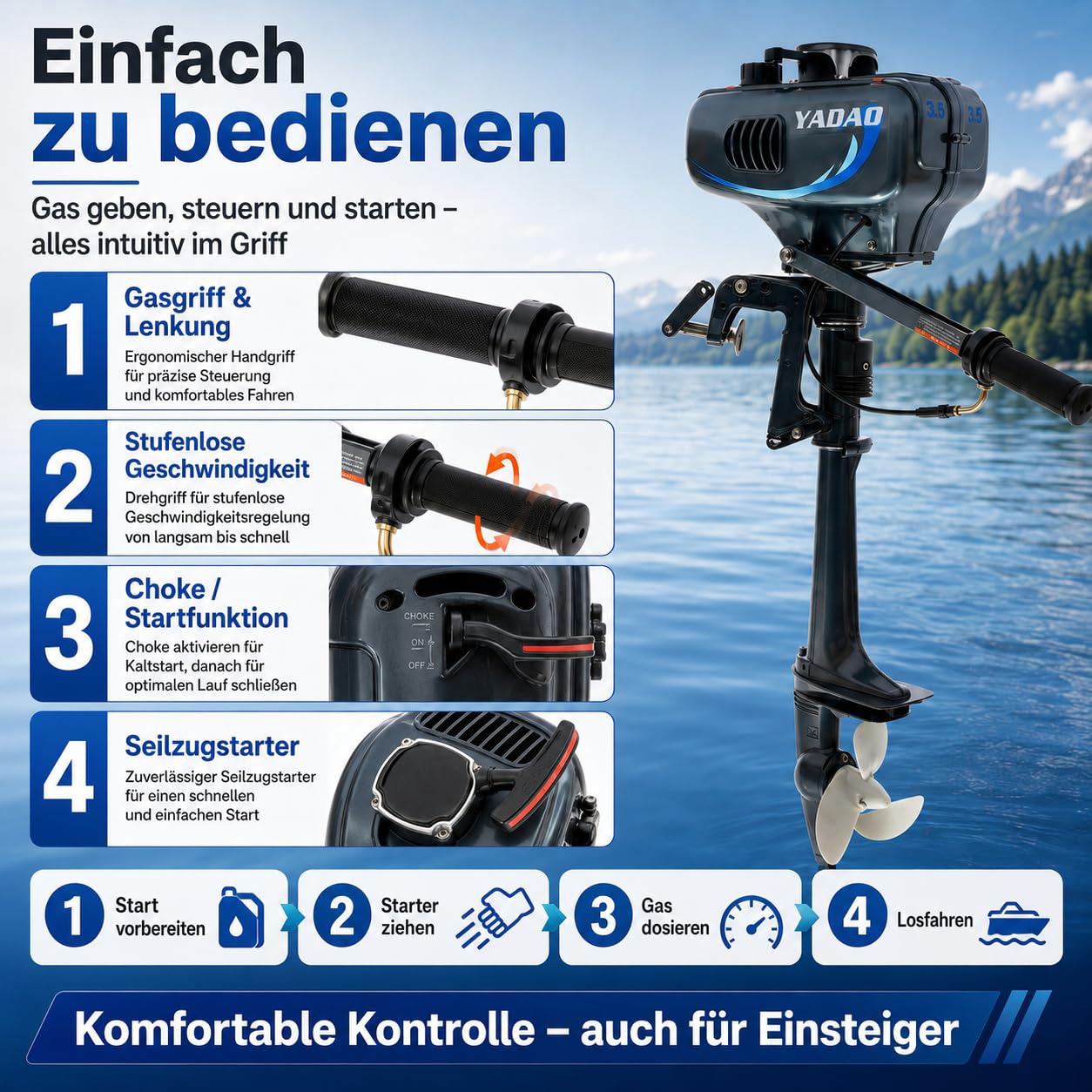 2-Takt 3,5 PS Außenbordmotor 75 lbs, Kurzer Welle mit CDI Zündung | 5000 U/min, 12 km/h (bei vier Personen), Halbluftgekühlt mit Kraftstofftank für Schlauchboot, Angelboot, Aluminiumboot