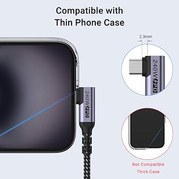 USB4 Cable 3.3ft 2 Pack 240W USB C to USB C Cable Light Angle 40Gbps High Speed Data Single 8K/Dual 4K Display Thunderbolt 4 Thunderbolt 3 Monitor Compatible with iPhone 15 Pro Max