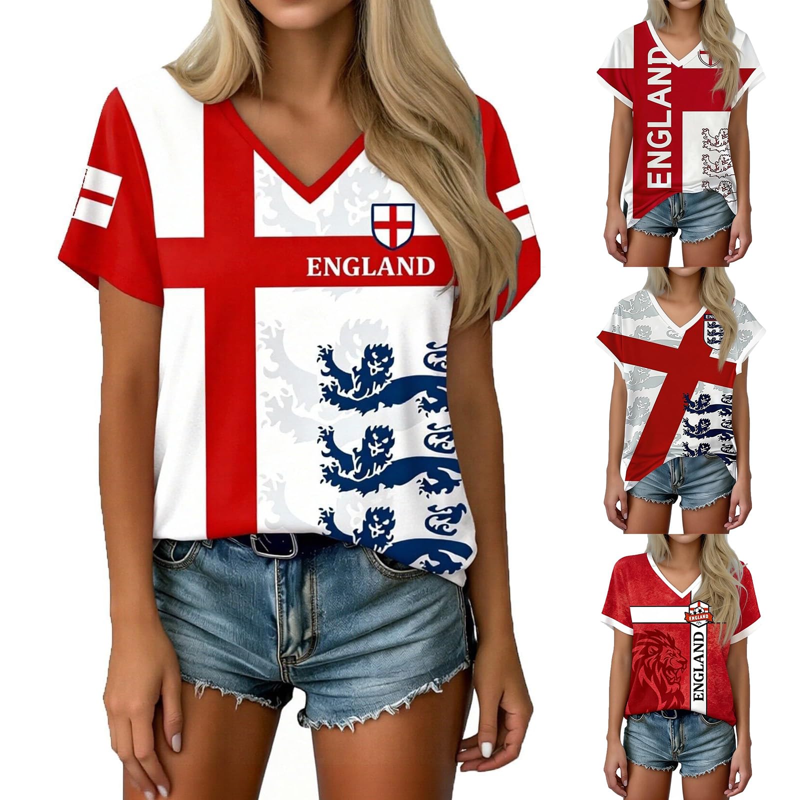 Retro England Football Shirt 2026 World Cup, Jersey Tops for Women Ladies England T Shirts Womens Football Top, V Neck Lightweight Breathable Classic Soccer Shirt Training Summer Sport Fans (White, L)