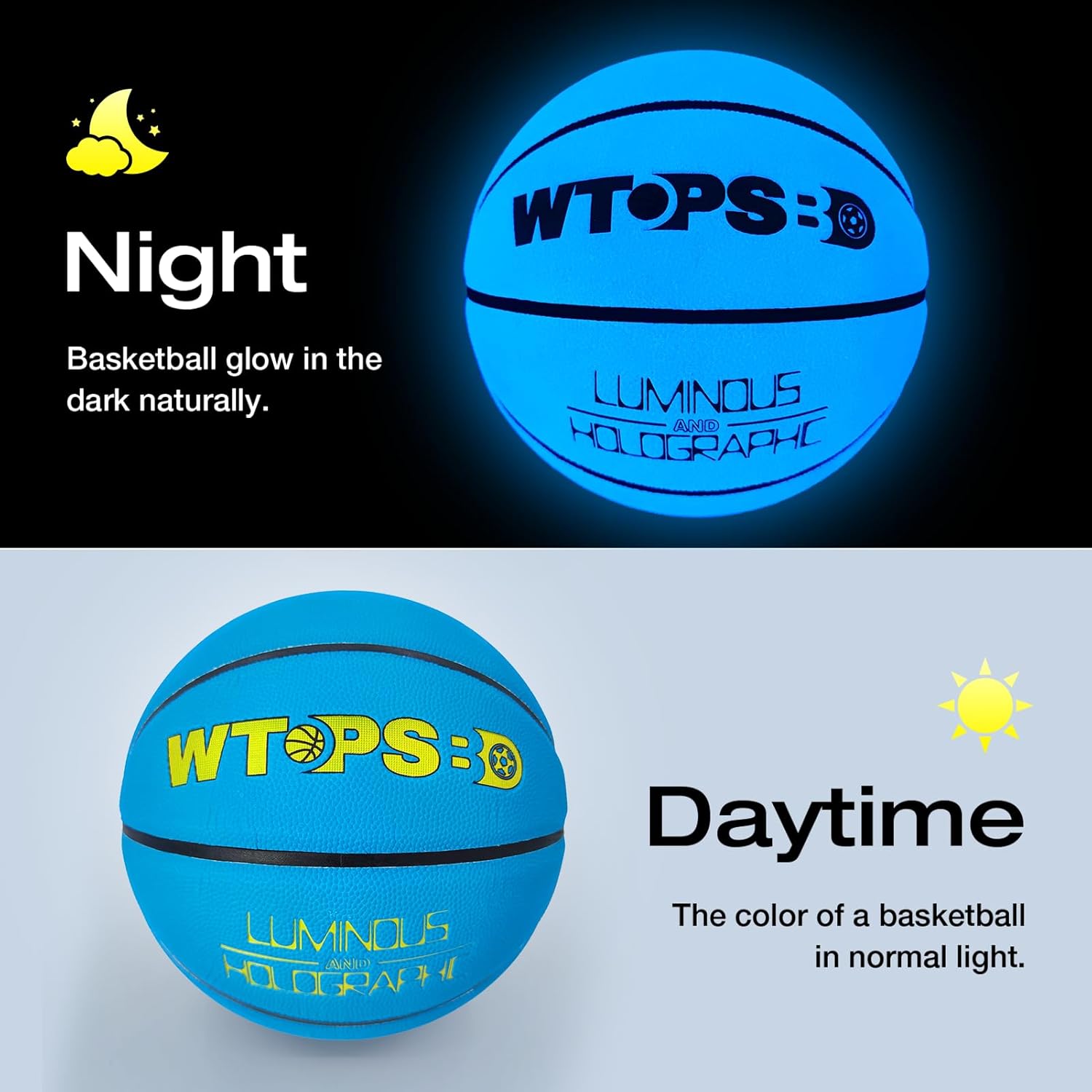 Glow in The Dark Basketball Blue, Cool Glowing Luminous Basketball with Pump and Bag Indoor Outdoor PU Leather Basketballs Size 5/6/ 7