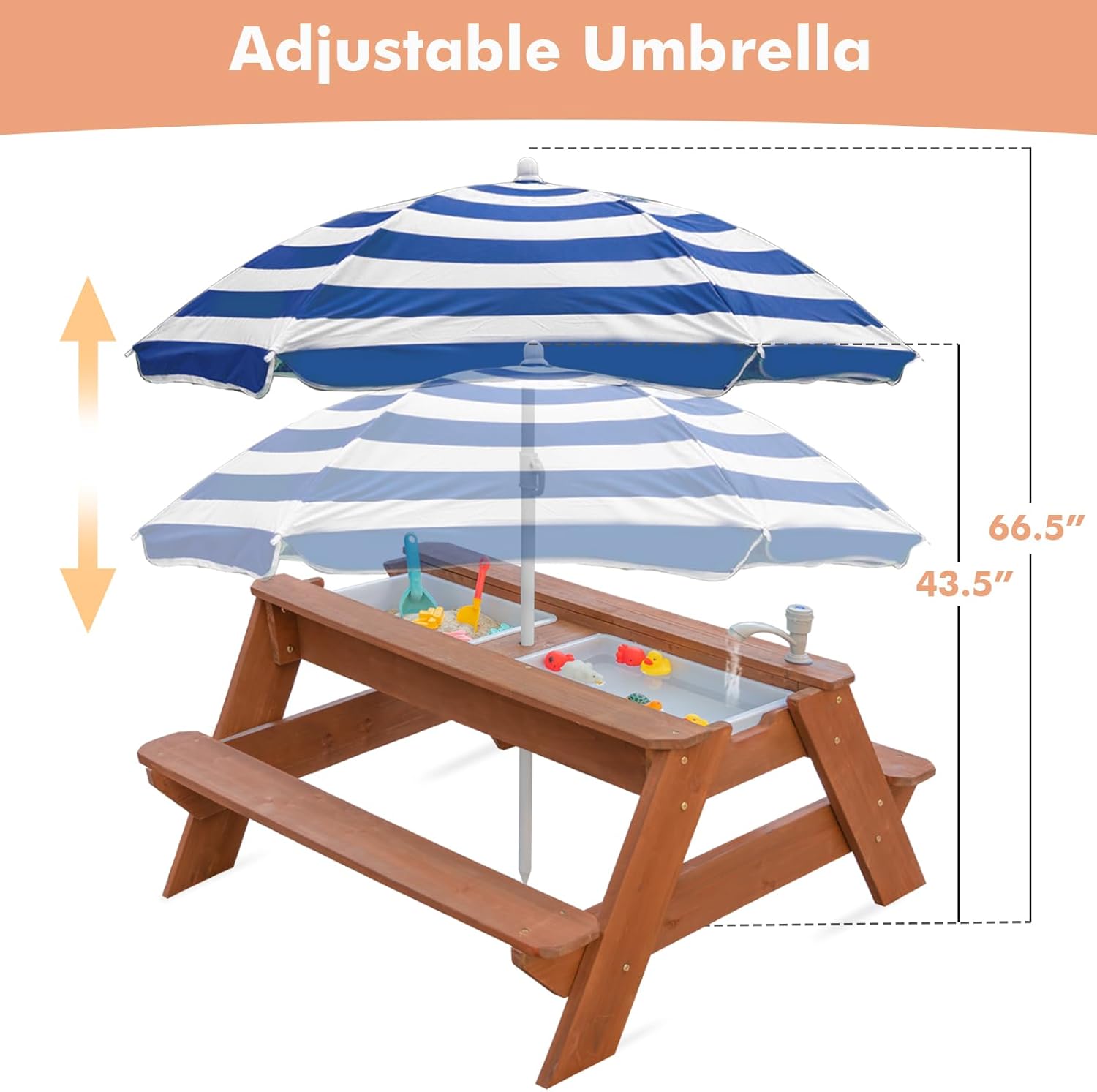 Kids 3-in-1 Sand & Water Table, Wood Outdoor Convertible Picnic Table w/Umbrella, 2 Trays, Removable Top with Faucet, Picnic Table for Outdoor Playset (Brown/Navy)