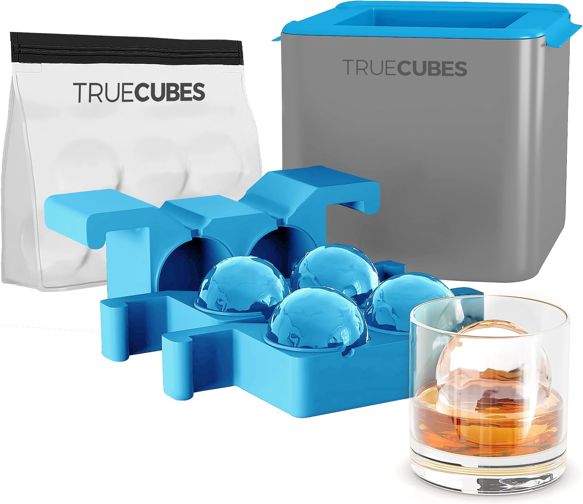 True Cubes Crystal Clear Ice Sphere Maker with Storage Bag – 4 Large Ice Spheres for Cocktails, Whiskey, and Drinks – Stackable Silicone Mold for Slow-Melting, Bartender-Quality Ice