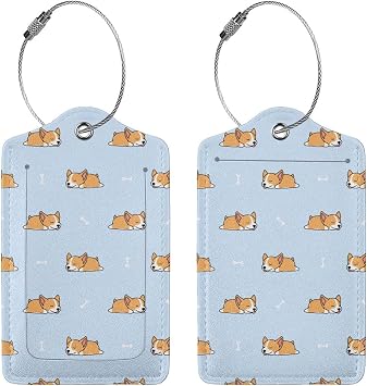 2 Pack Cartoon Sleep Corgi Cute Blue Luggage Tags for Suitcases, Leather Baggage Tag with LoopName Id Card Cover Travel Bag Labels Set for Women Men Boys Girls Kids