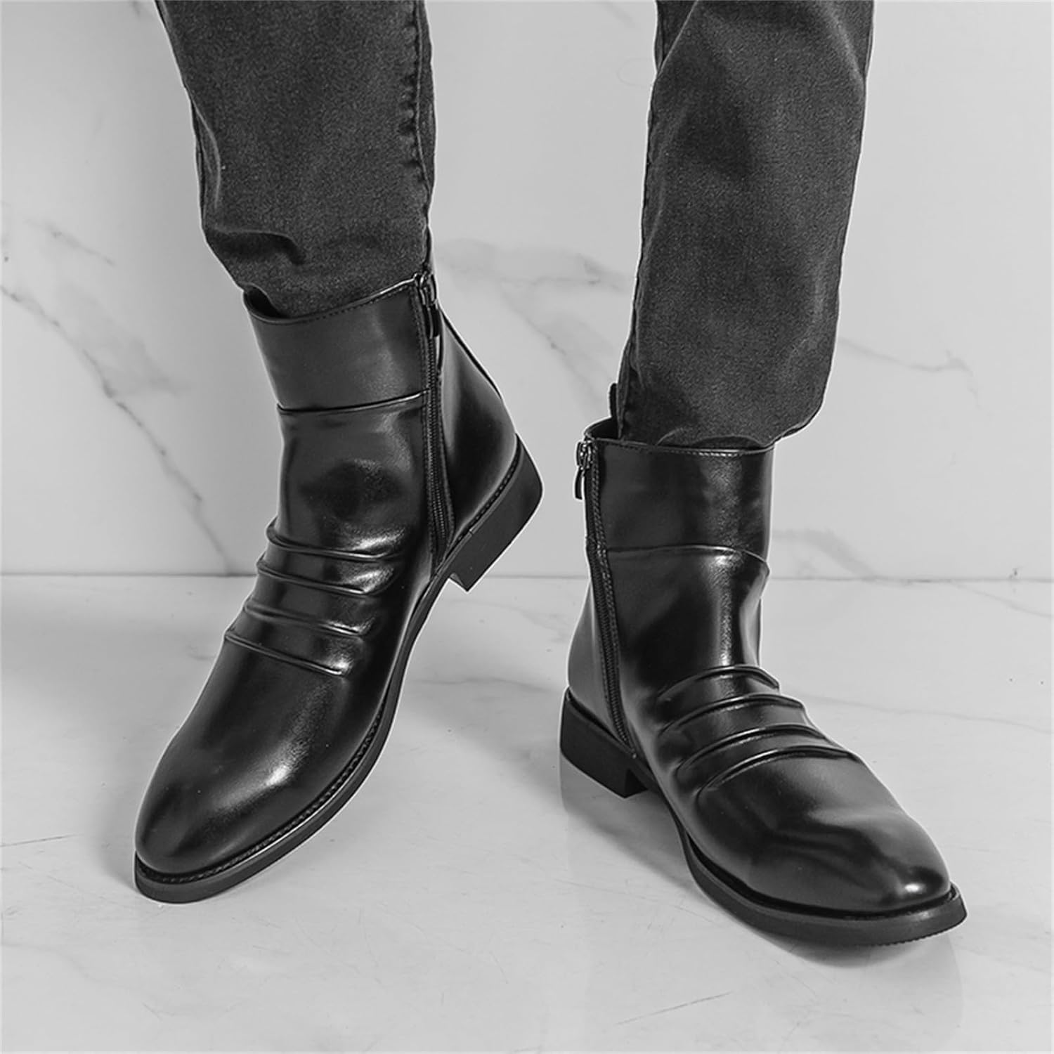 Men's Black Leather Ankle Chelsea Boots with Side Zipper Closure Slim Pleated Front Design Low Heel Round Toe Dress Cowboy Boots For Formal Events Business Casual Daily Office Wear Special Occasions - Image 6
